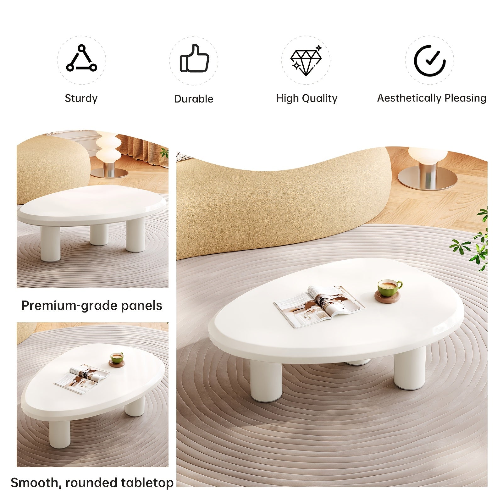 Modern Irregular Triangle Coffee Table, Minimalist Accent Table with Cylindrical Legs, Curved Edge Design, Stable 3-Leg Support, Safety Rounded Corners, for Living Room Bedroom Office