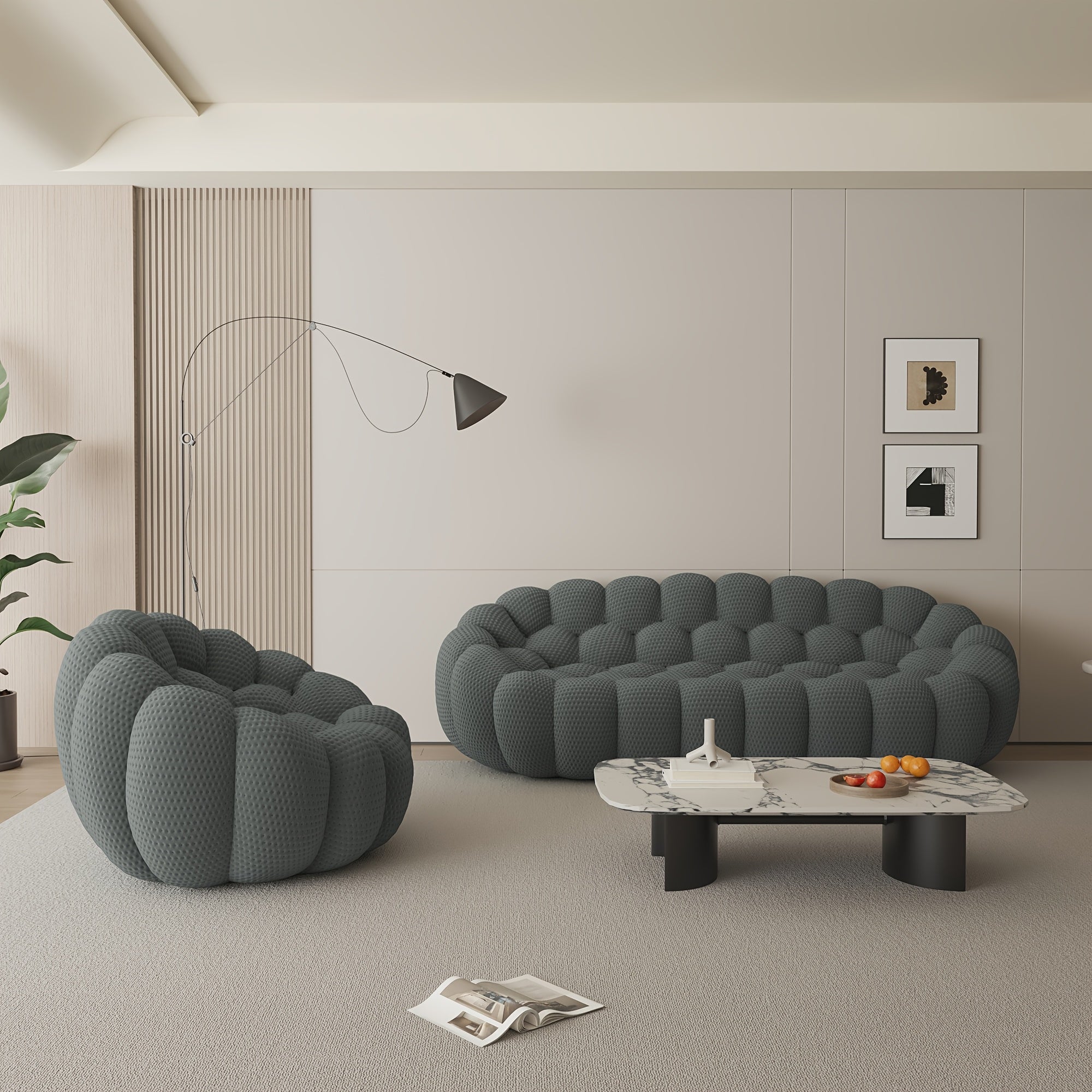 Modern Curved Sofa with a Comfortable Upholstered Design, Featuring a Mesh Fabric in a 3D Honeycomb Pattern, Suitable for Living Rooms, Offices, Apartments, And Compact Areas