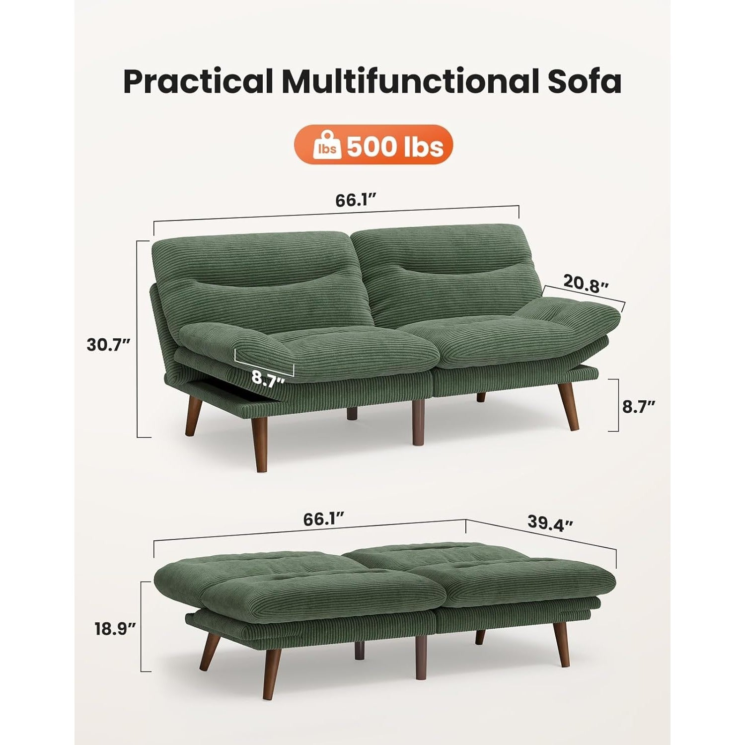Futon Sofa Bed, 66-75 Inch Convertible Futon Sofa Couch with Adjustable Backrest Armrests, for Small Spaces Living Room or Office