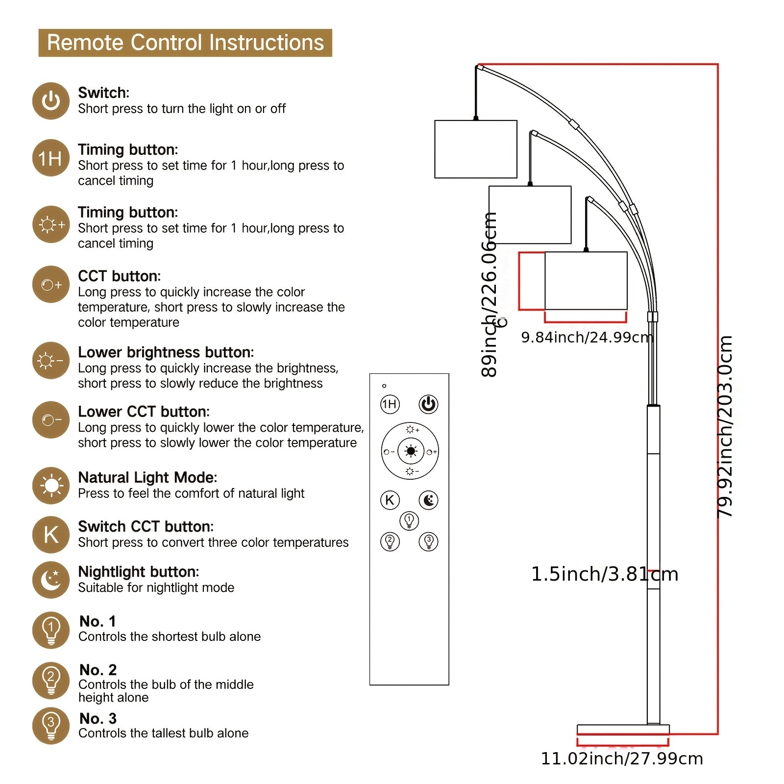 Dimmable Arc LED Floor Lamp with 3 Bulbs, Remote & Foot Switch Control, Rotatable Metal Pole, Heavy Base, Mid-Century Tree Lamp for Bedroom Office, Color Temperature And Brightness Adjustable
