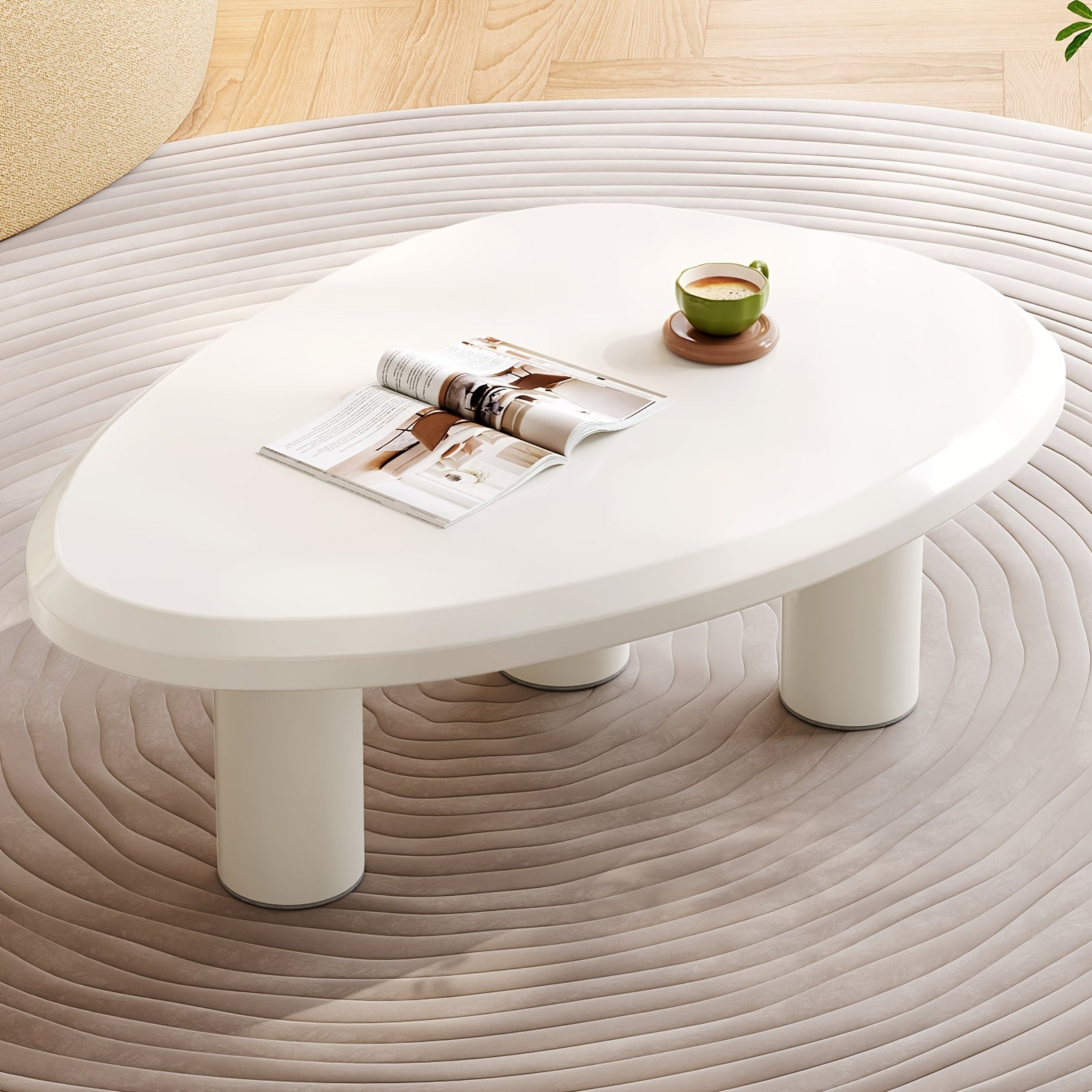 Modern Irregular Triangle Coffee Table, Minimalist Accent Table with Cylindrical Legs, Curved Edge Design, Stable 3-Leg Support, Safety Rounded Corners, for Living Room Bedroom Office