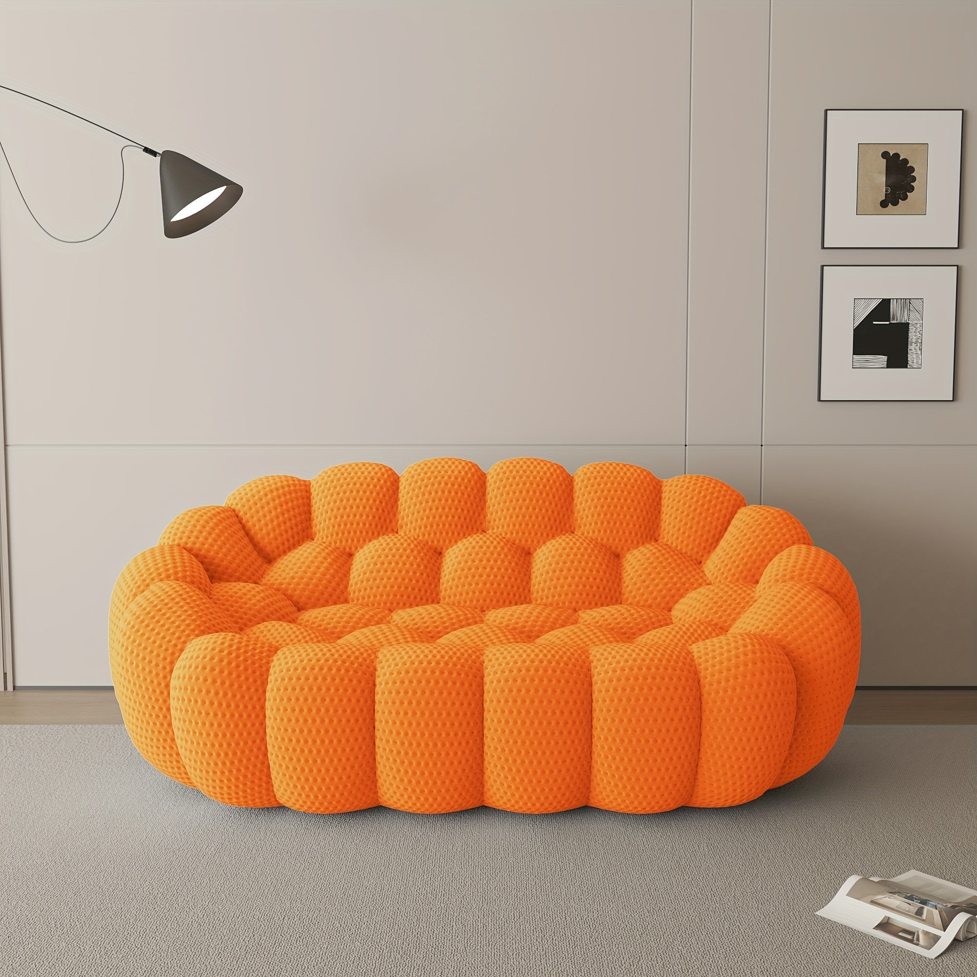 Modern Curved Sofa with a Comfortable Upholstered Design, Featuring a Mesh Fabric in a 3D Honeycomb Pattern, Suitable for Living Rooms, Offices, Apartments, And Compact Areas