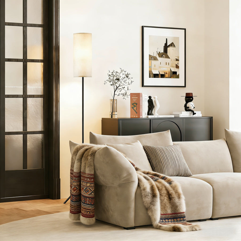 LED Floor Lamp, Adjustable Ceiling Lamp with Lampshade And LED Bulb (3000K-6000K), Adjustable Brightness (Stepless Dimming), Beige Shade, USB Powered, Suitable for Living Room, Bedroom, Office