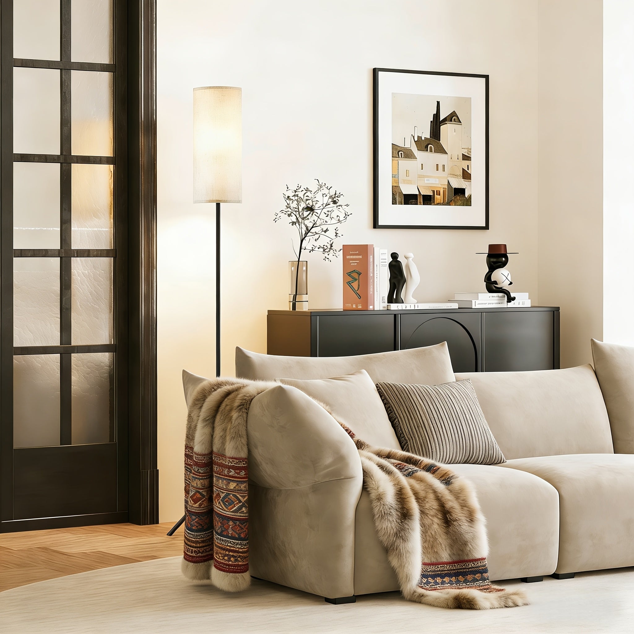 LED Floor Lamp, Adjustable Ceiling Lamp with Lampshade And LED Bulb (3000K-6000K), Adjustable Brightness (Stepless Dimming), Beige Shade, USB Powered, Suitable for Living Room, Bedroom, Office