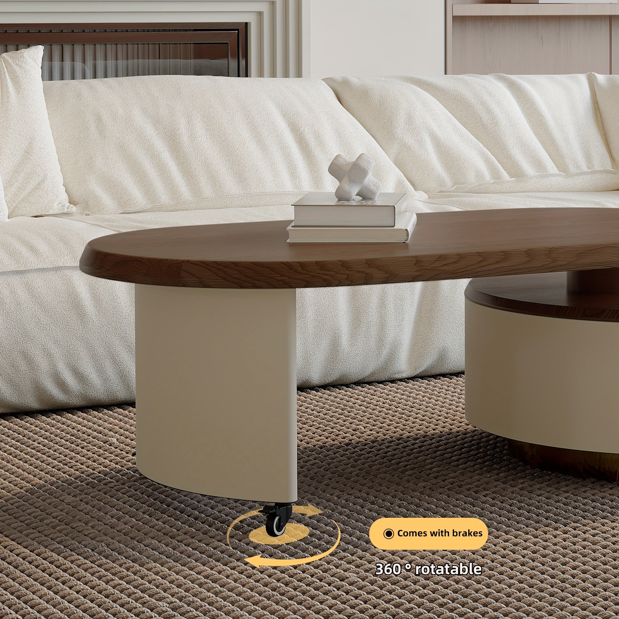 Caster-Mobile 63'' Walnut Wood Grain Extendable Coffee Table for Living Room with 2 Hidden Drawers Storage Side Table for Home Office, Studio