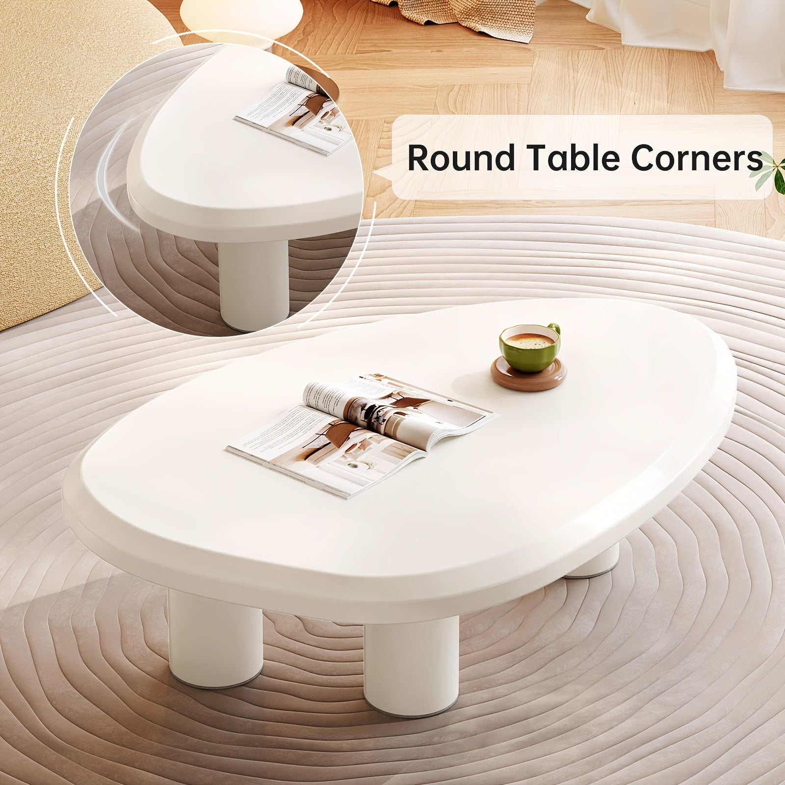 Modern Irregular Triangle Coffee Table, Minimalist Accent Table with Cylindrical Legs, Curved Edge Design, Stable 3-Leg Support, Safety Rounded Corners, for Living Room Bedroom Office