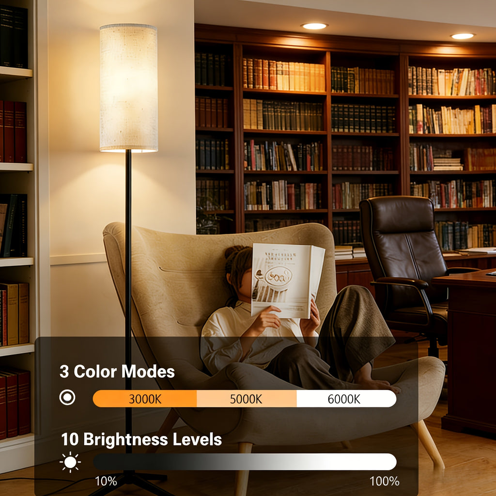 LED Floor Lamp, Adjustable Ceiling Lamp with Lampshade And LED Bulb (3000K-6000K), Adjustable Brightness (Stepless Dimming), Beige Shade, USB Powered, Suitable for Living Room, Bedroom, Office