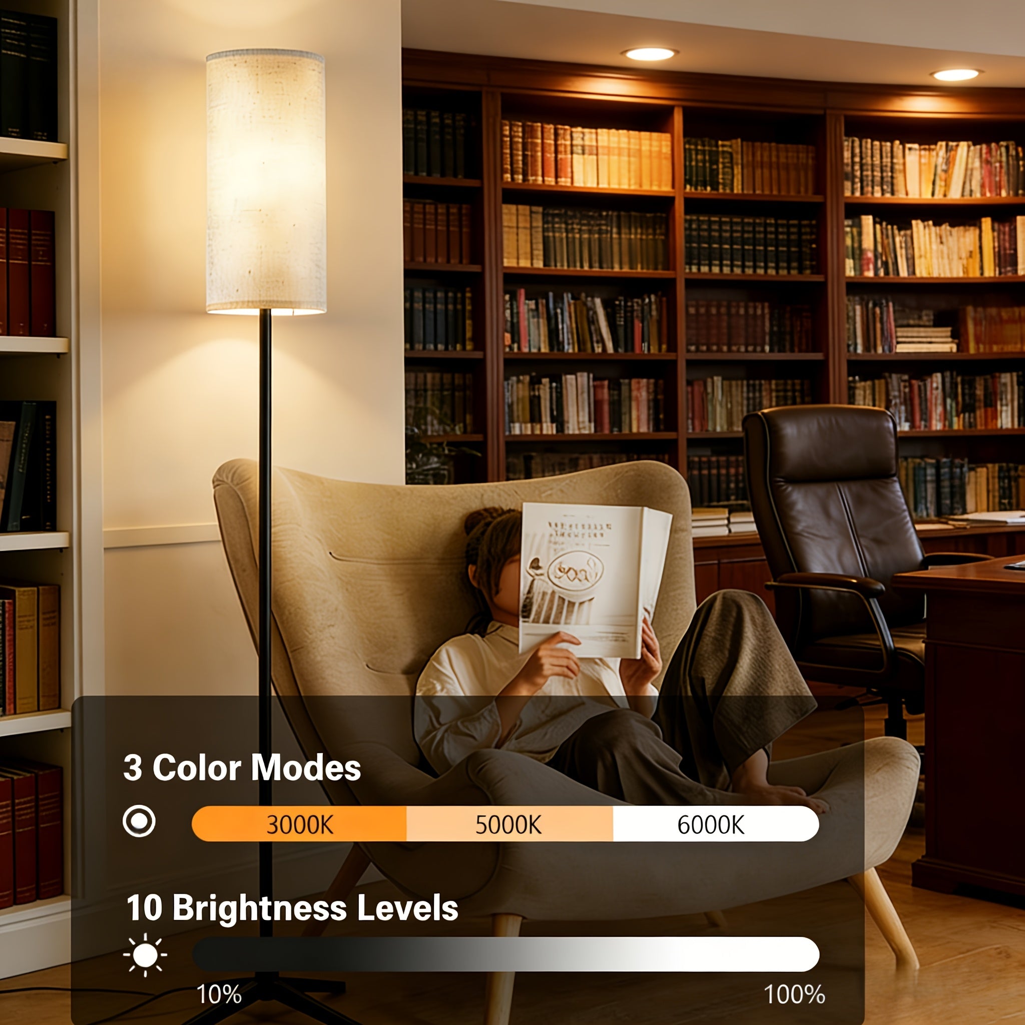 LED Floor Lamp, Adjustable Ceiling Lamp with Lampshade And LED Bulb (3000K-6000K), Adjustable Brightness (Stepless Dimming), Beige Shade, USB Powered, Suitable for Living Room, Bedroom, Office