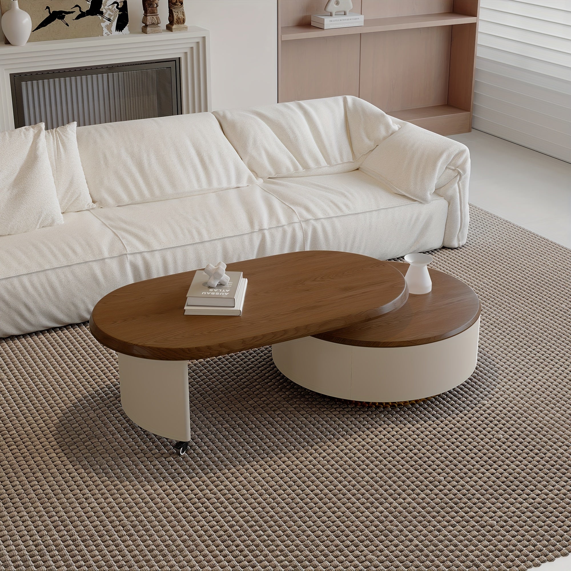 Caster-Mobile 63'' Walnut Wood Grain Extendable Coffee Table for Living Room with 2 Hidden Drawers Storage Side Table for Home Office, Studio