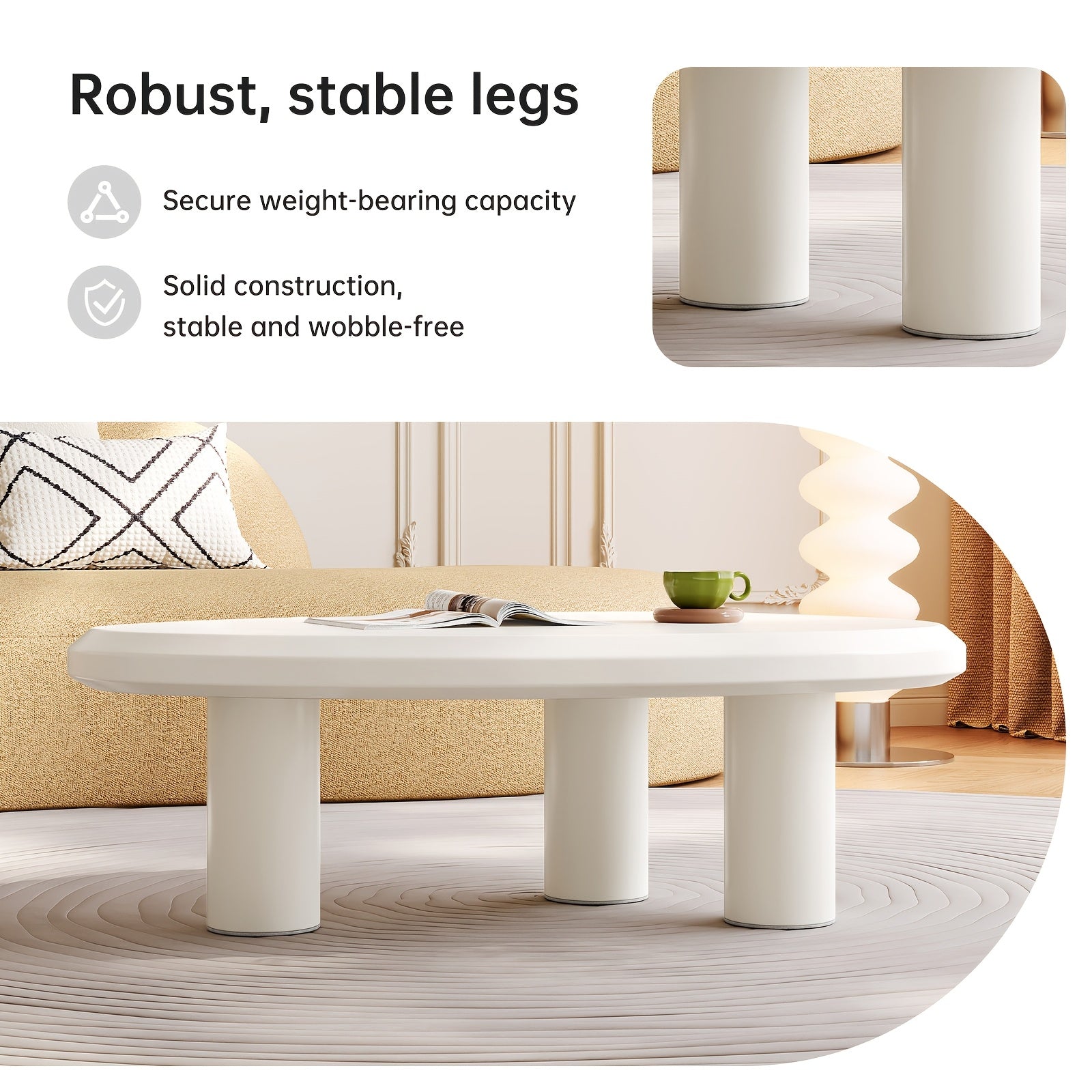Modern Irregular Triangle Coffee Table, Minimalist Accent Table with Cylindrical Legs, Curved Edge Design, Stable 3-Leg Support, Safety Rounded Corners, for Living Room Bedroom Office