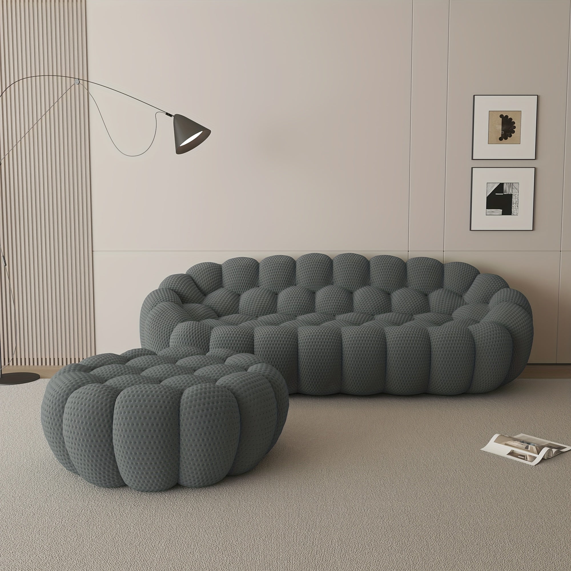 Modern Curved Sofa with a Comfortable Upholstered Design, Featuring a Mesh Fabric in a 3D Honeycomb Pattern, Suitable for Living Rooms, Offices, Apartments, And Compact Areas