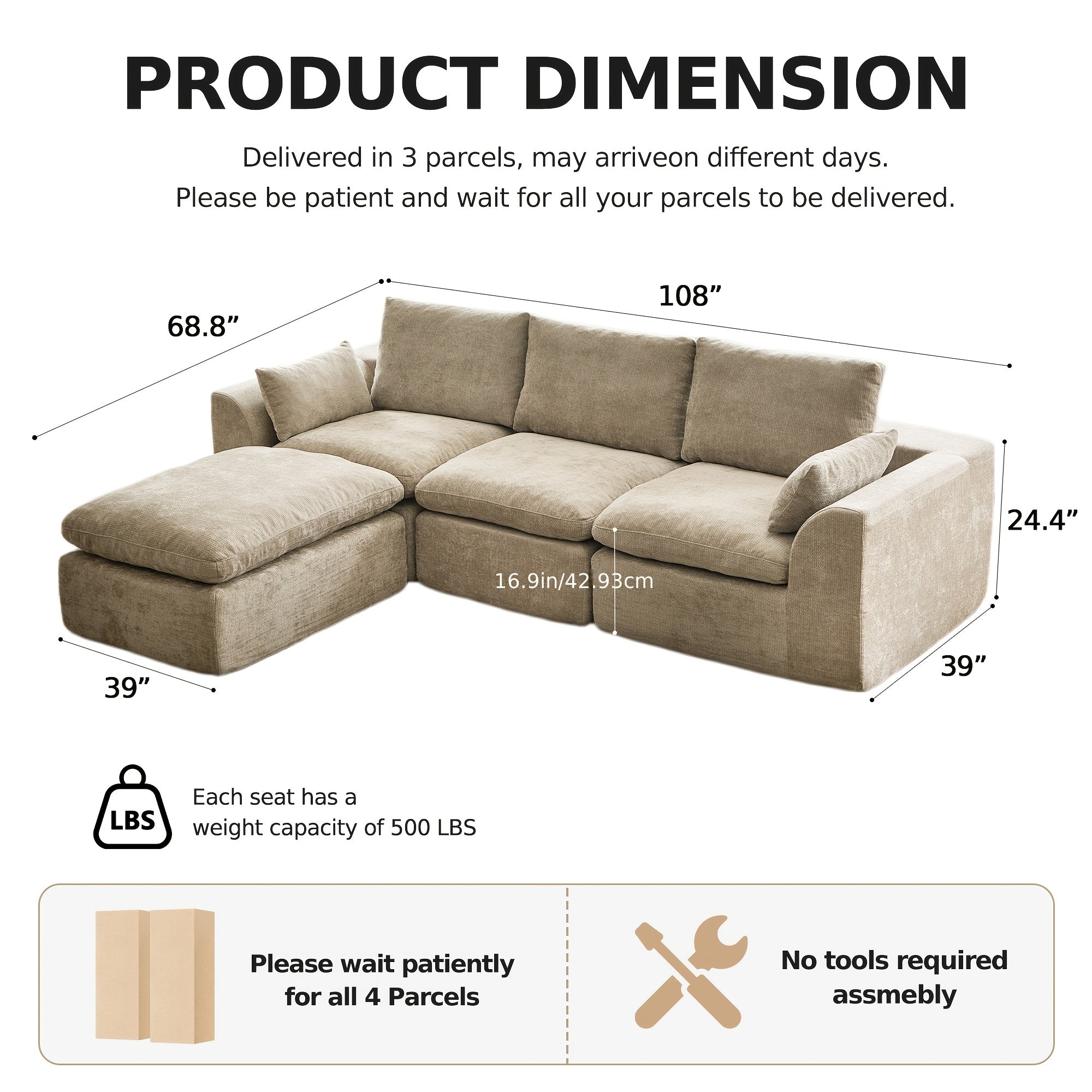 108'' Modular Cloud-shaped Sectional Sofa, Featuring A Soft Corduroy Fabric, High-resilience Memory Foam, Deep L-shaped Design, Large-sized Three-person Sofa Without Frame, Suitable For Modern Minimalist Living Room Style, No Assembly Required