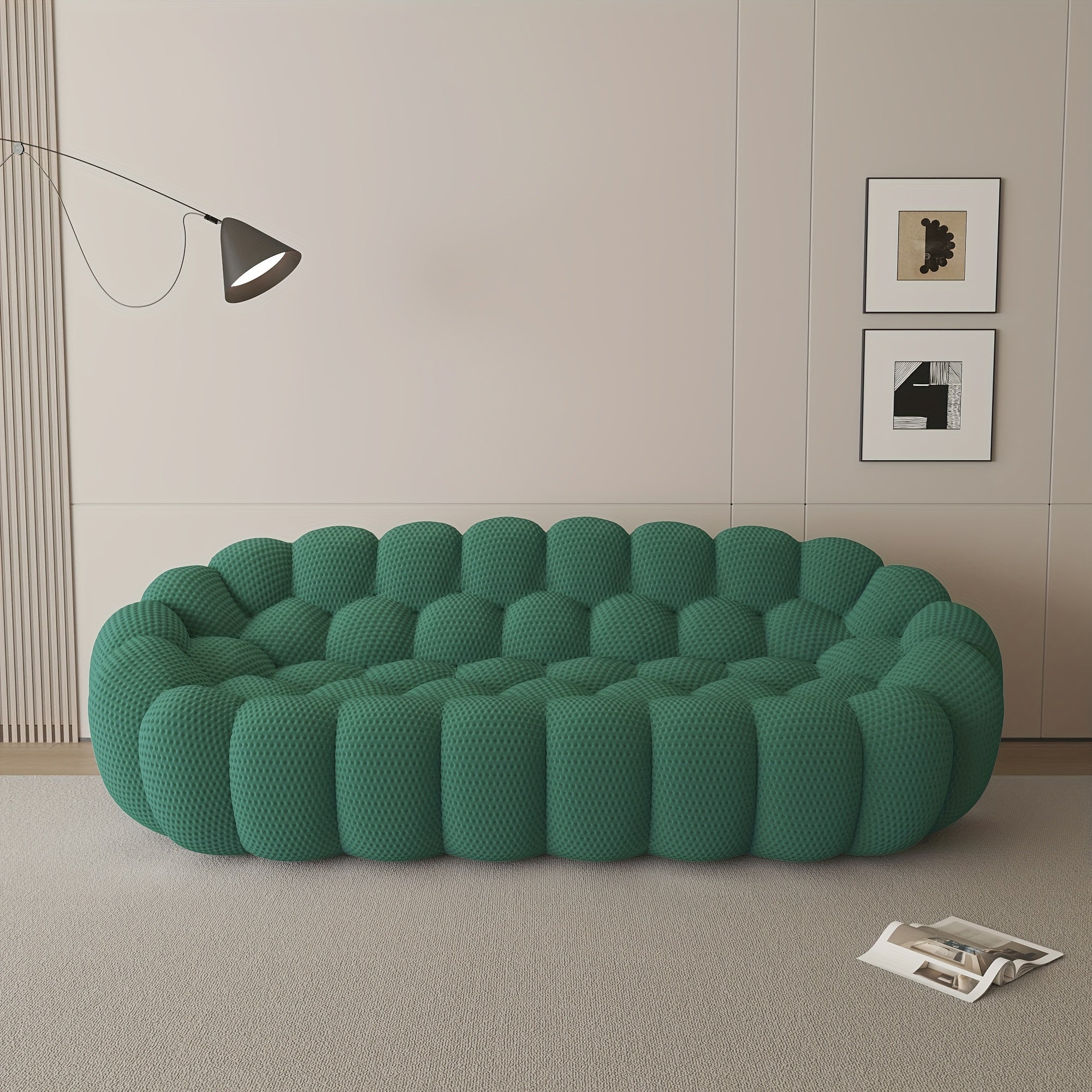 Modern Curved Sofa with a Comfortable Upholstered Design, Featuring a Mesh Fabric in a 3D Honeycomb Pattern, Suitable for Living Rooms, Offices, Apartments, And Compact Areas