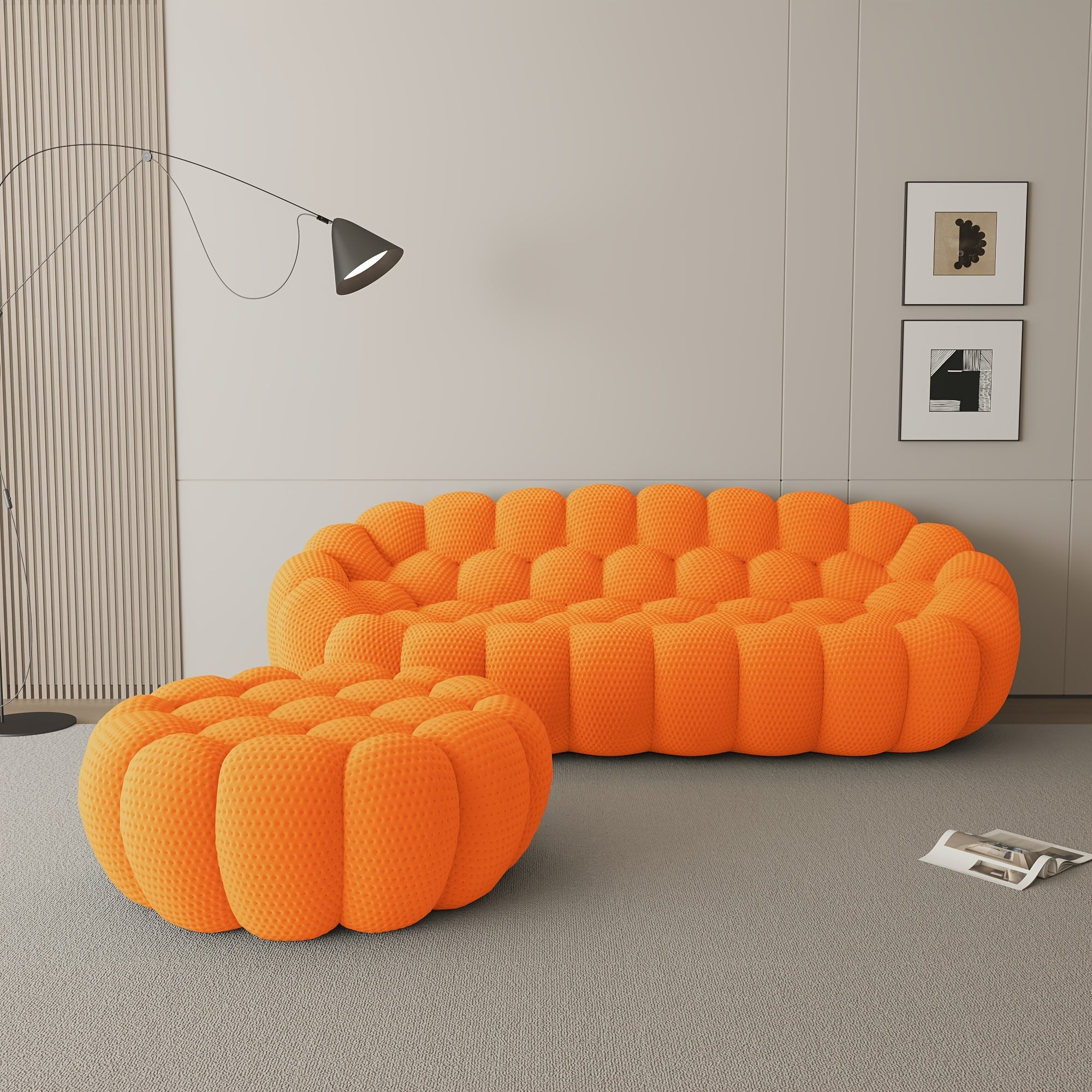 Modern Curved Sofa with a Comfortable Upholstered Design, Featuring a Mesh Fabric in a 3D Honeycomb Pattern, Suitable for Living Rooms, Offices, Apartments, And Compact Areas