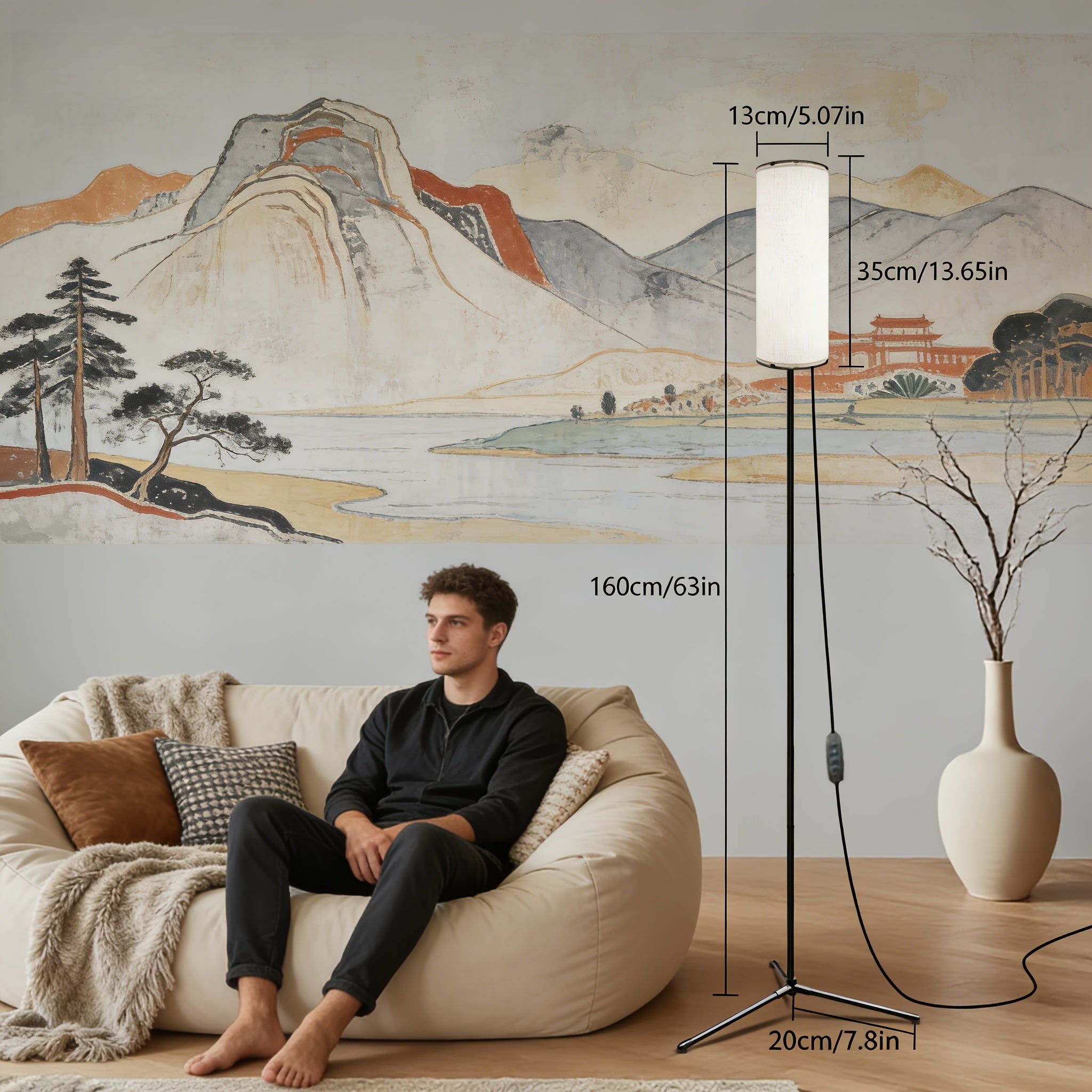 LED Floor Lamp, Adjustable Ceiling Lamp with Lampshade And LED Bulb (3000K-6000K), Adjustable Brightness (Stepless Dimming), Beige Shade, USB Powered, Suitable for Living Room, Bedroom, Office