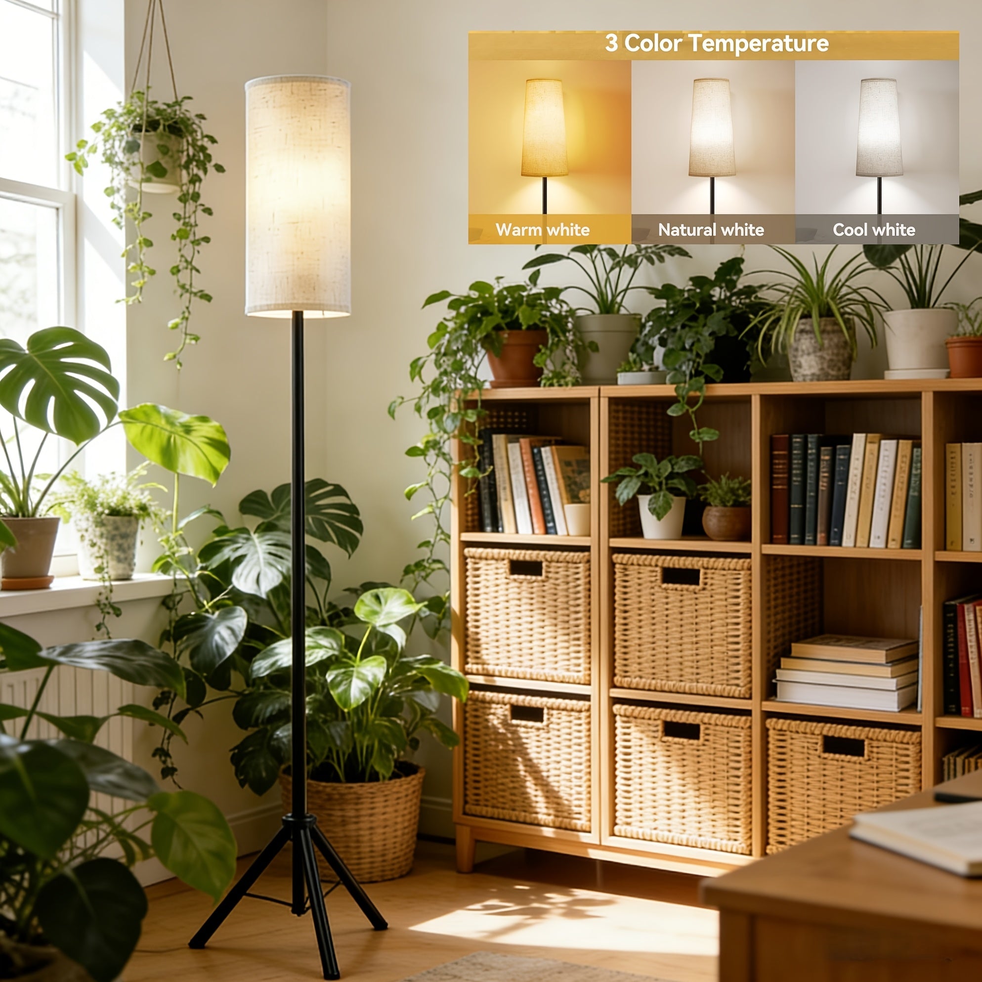 LED Floor Lamp, Adjustable Ceiling Lamp with Lampshade And LED Bulb (3000K-6000K), Adjustable Brightness (Stepless Dimming), Beige Shade, USB Powered, Suitable for Living Room, Bedroom, Office