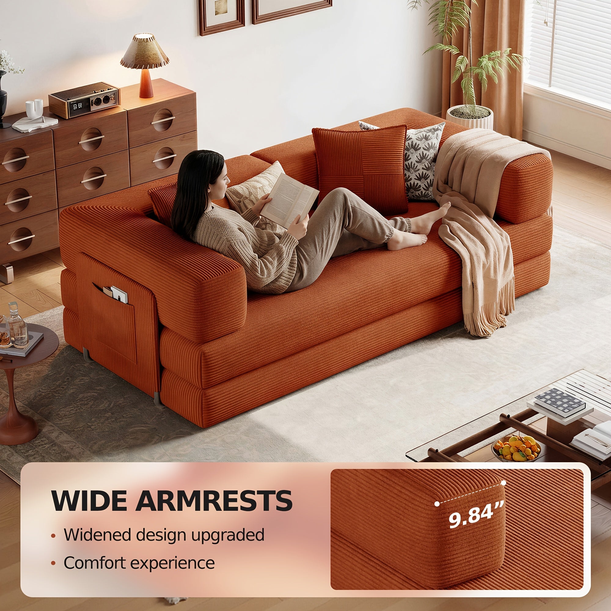 Convertible Sofa Bed - Foldable Floor Couch with Teddy Foam And Corduroy - Modular Sectional for Living Room, Bedroom, Studio - Compressible Sofa in Box