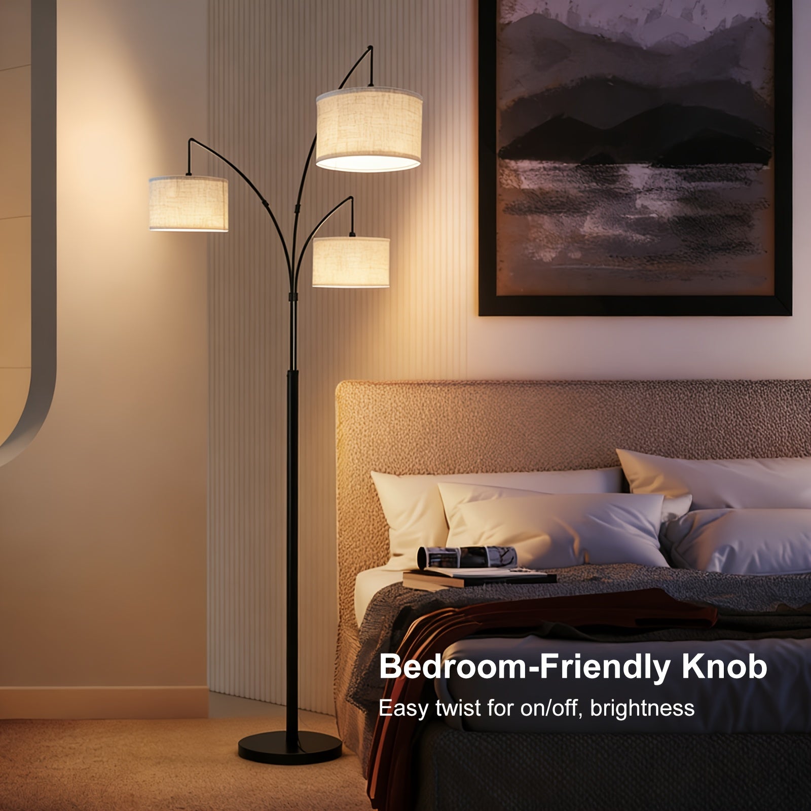 Dimmable Arc LED Floor Lamp with 3 Bulbs, Remote & Foot Switch Control, Rotatable Metal Pole, Heavy Base, Mid-Century Tree Lamp for Bedroom Office, Color Temperature And Brightness Adjustable