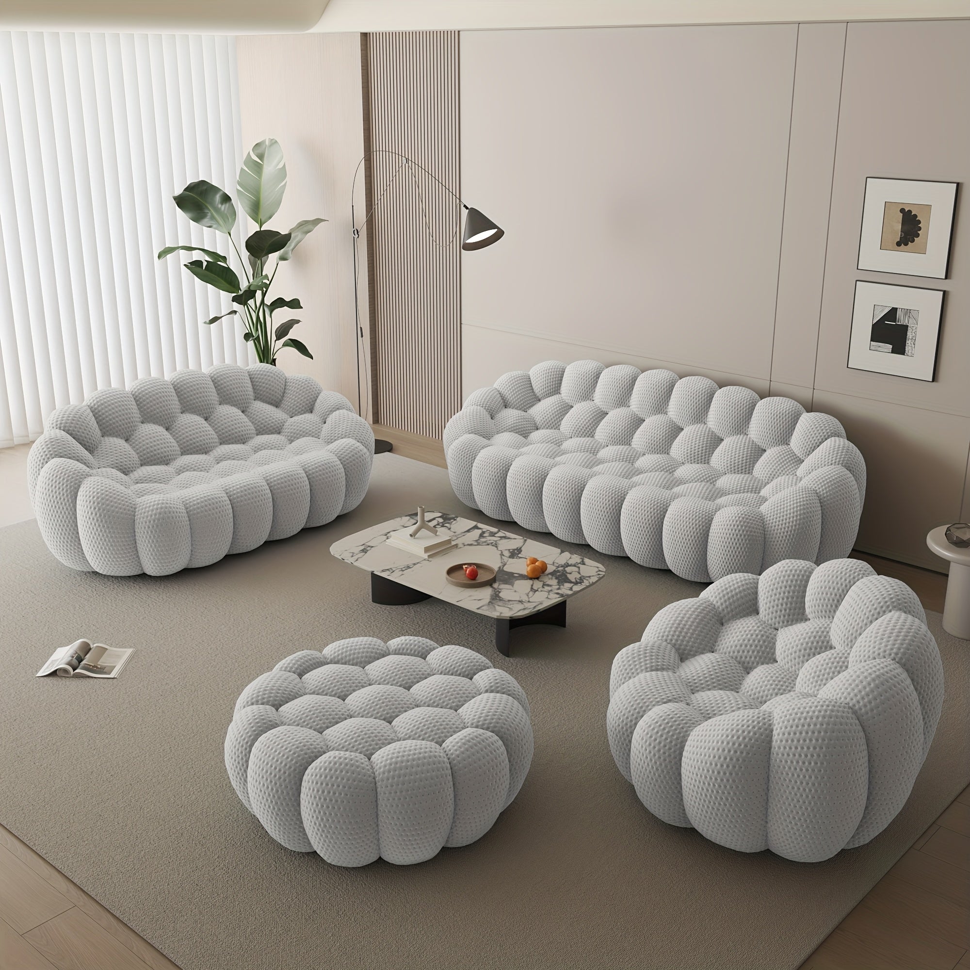 Modern Curved Sofa with a Comfortable Upholstered Design, Featuring a Mesh Fabric in a 3D Honeycomb Pattern, Suitable for Living Rooms, Offices, Apartments, And Compact Areas