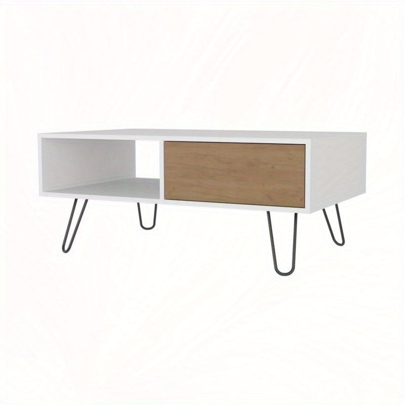 Mid-Century Modern White Coffee Table with 1 Drawer & Hairpin Legs - Retro Industrial Design, Durable Non-Wood Material, No Assembly Required for Living Room, Office, Dorm, Office Storage Solution, Minimalist Design, Notwood Material