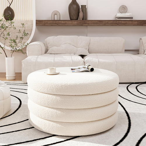 30 Inch Round Ottoman Coffee Table with Storage | Large Sherpa Storage Coffee Table Ottoman with Tray, Multi-Functional Cozy Modern Foot Rest for Couch, Living Room, Cream White, HOSEOKA