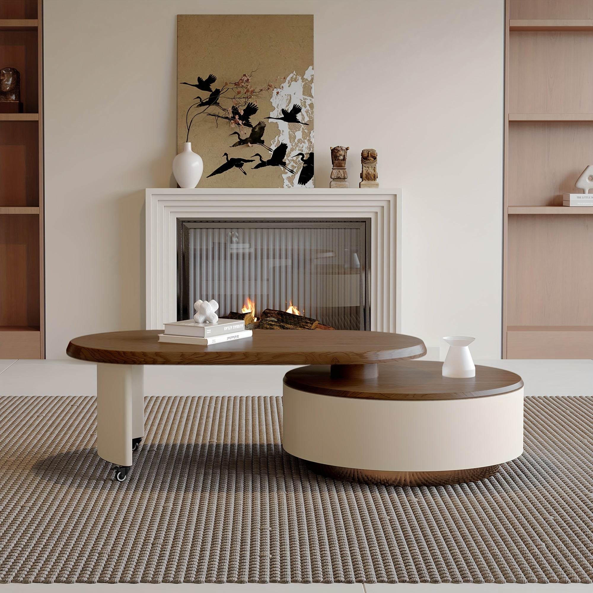 Caster-Mobile 63'' Walnut Wood Grain Extendable Coffee Table for Living Room with 2 Hidden Drawers Storage Side Table for Home Office, Studio