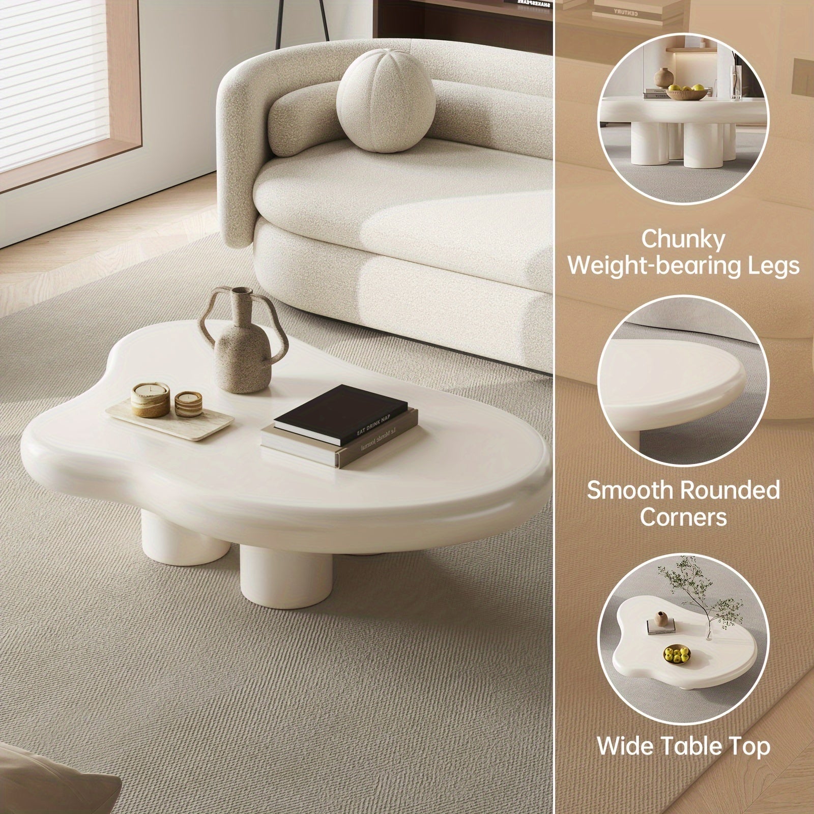 Modern White Cloud Tea Table - Unique Irregular Shape, 4-Leg Design for Living Room or Coffee Area, 35.82 Inches, Minimalist Style with Rounded Edges and Sleek Finish APPLE