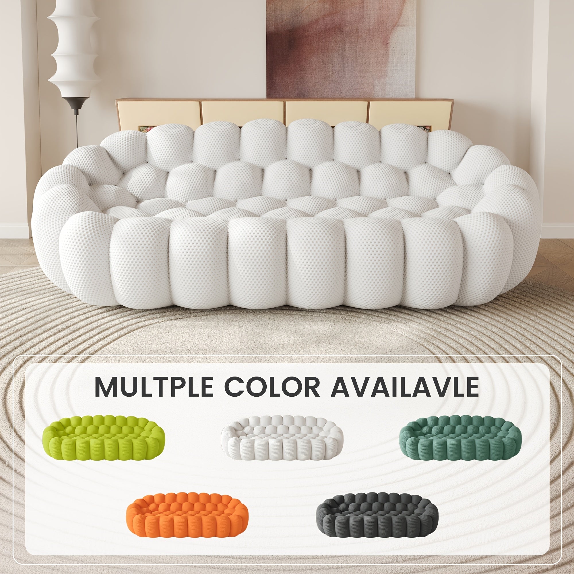 Modern Curved Sofa with a Comfortable Upholstered Design, Featuring a Mesh Fabric in a 3D Honeycomb Pattern, Suitable for Living Rooms, Offices, Apartments, And Compact Areas