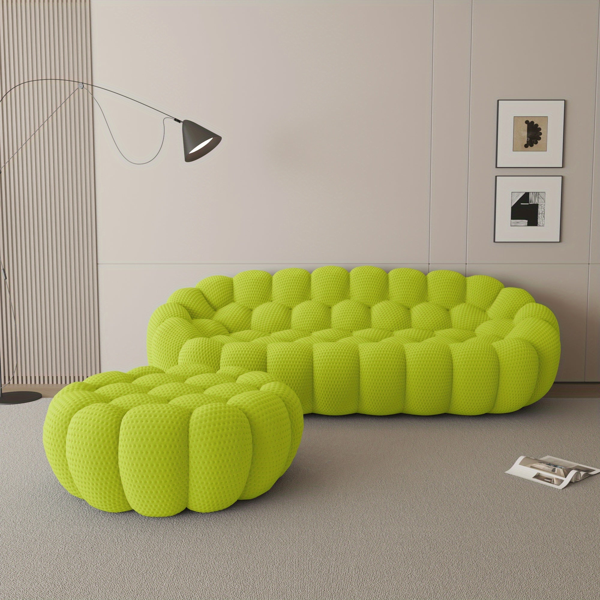 Modern Curved Sofa with a Comfortable Upholstered Design, Featuring a Mesh Fabric in a 3D Honeycomb Pattern, Suitable for Living Rooms, Offices, Apartments, And Compact Areas