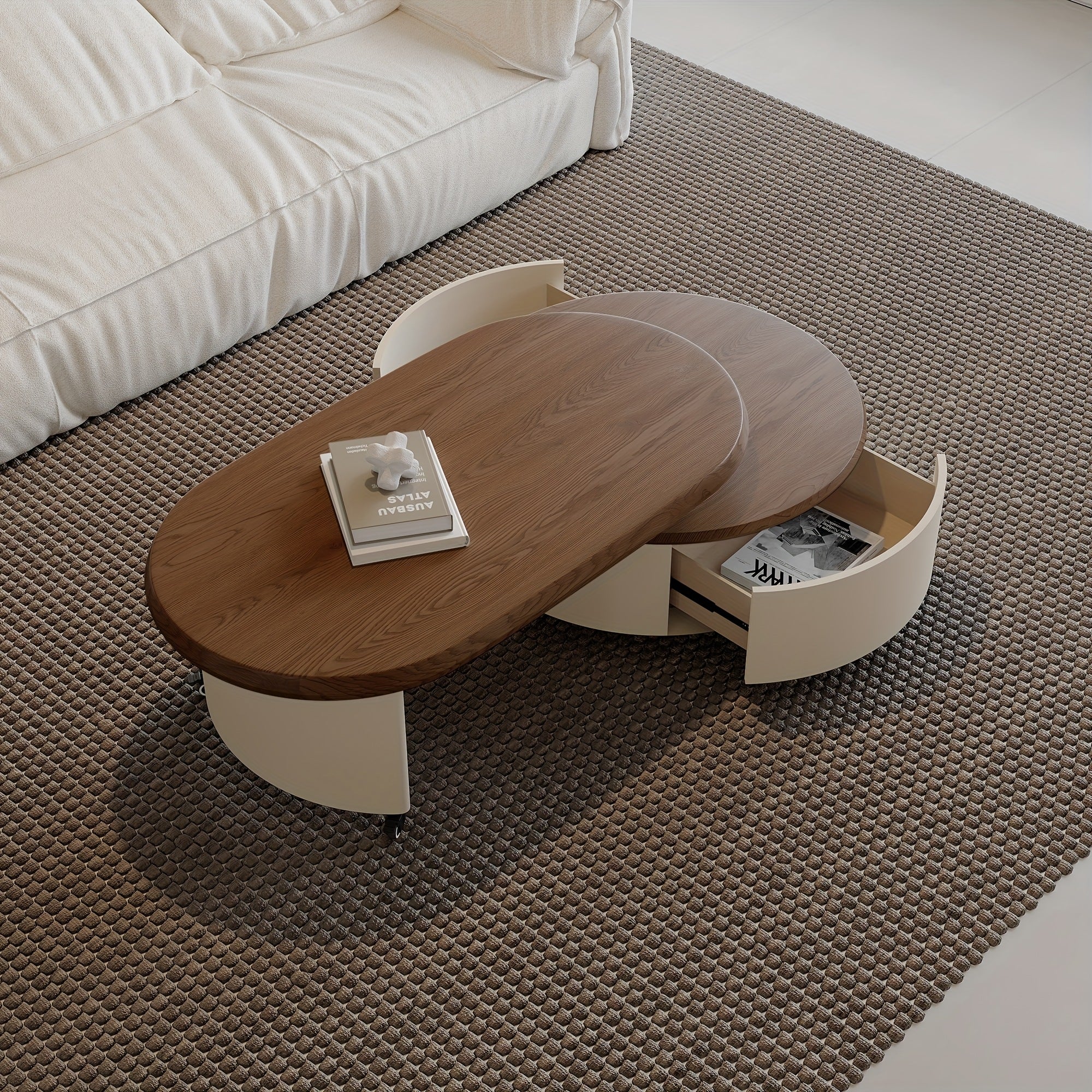 Caster-Mobile 63'' Walnut Wood Grain Extendable Coffee Table for Living Room with 2 Hidden Drawers Storage Side Table for Home Office, Studio