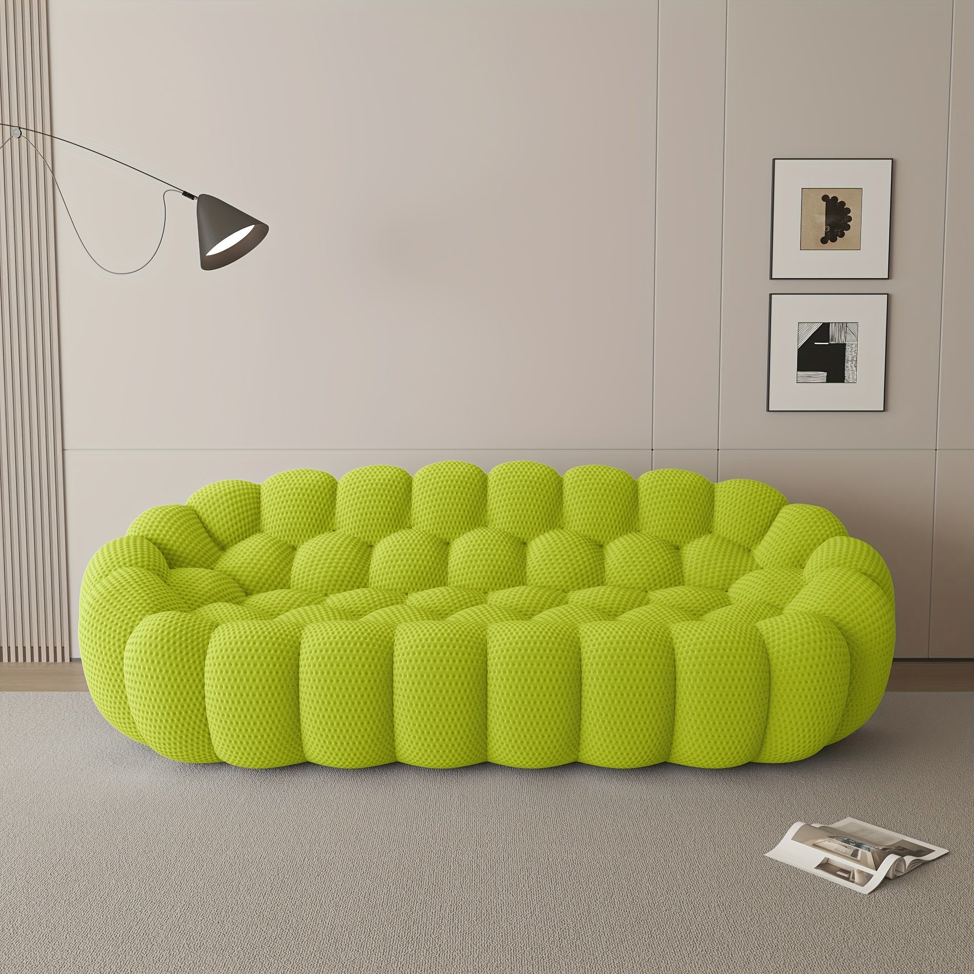Modern Curved Sofa with a Comfortable Upholstered Design, Featuring a Mesh Fabric in a 3D Honeycomb Pattern, Suitable for Living Rooms, Offices, Apartments, And Compact Areas