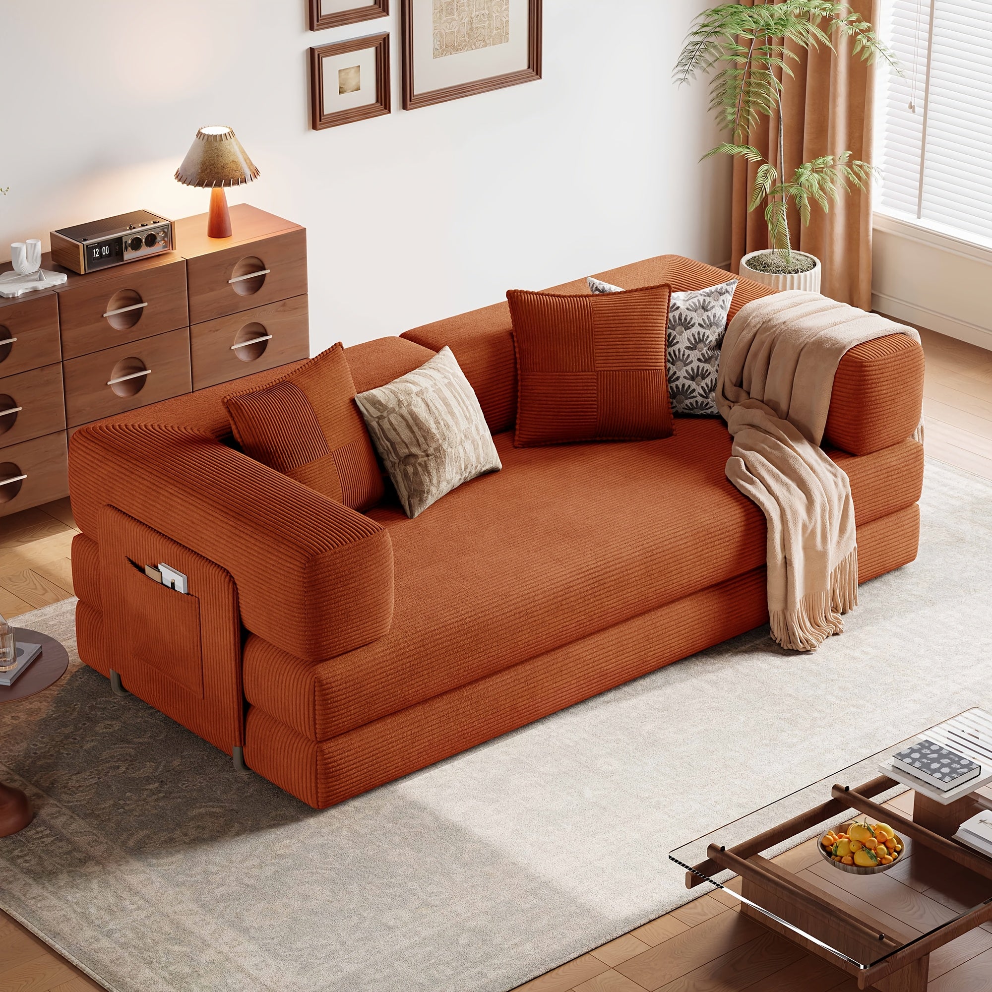 Convertible Sofa Bed - Foldable Floor Couch with Teddy Foam And Corduroy - Modular Sectional for Living Room, Bedroom, Studio - Compressible Sofa in Box