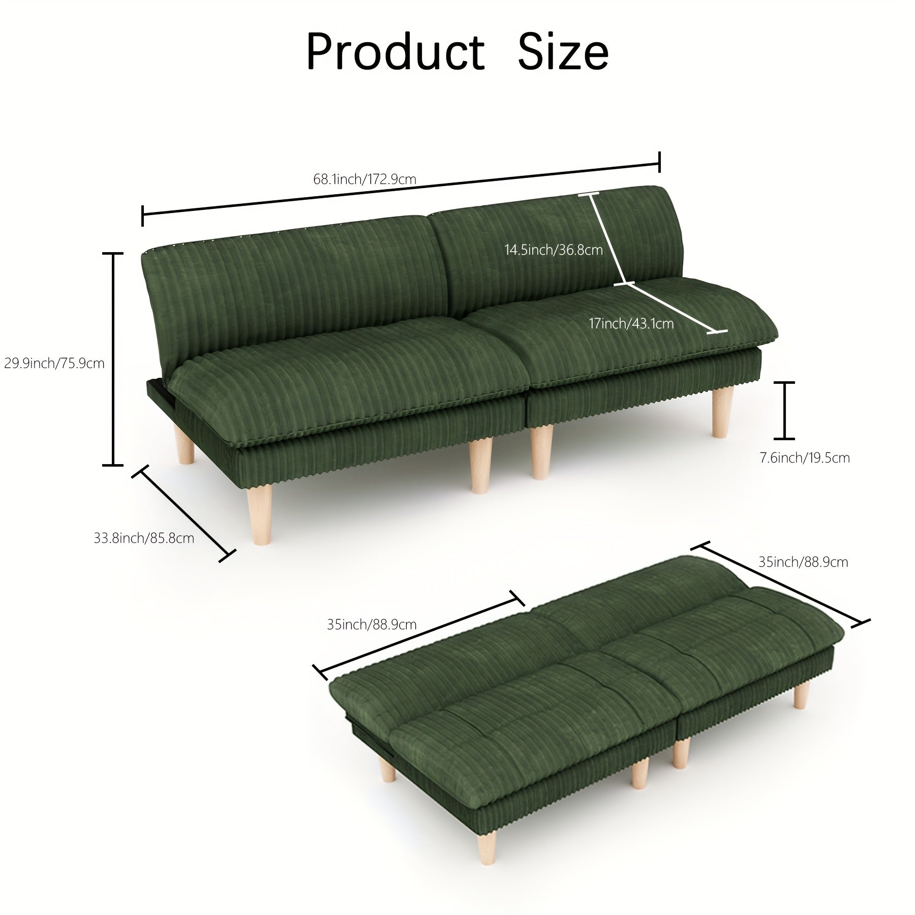 Futon Sofa Bed, 68 Inch Futon Couch with Adjustable Backrest, Corduroy Convertible Sleeper Sofa Bed, Folding Sleeper Recliner with Wood Leg for Apartment, Living Room, Office, Sofa Cama, Compressed Sofa for Living Room, Single Sofa Bed Foldable