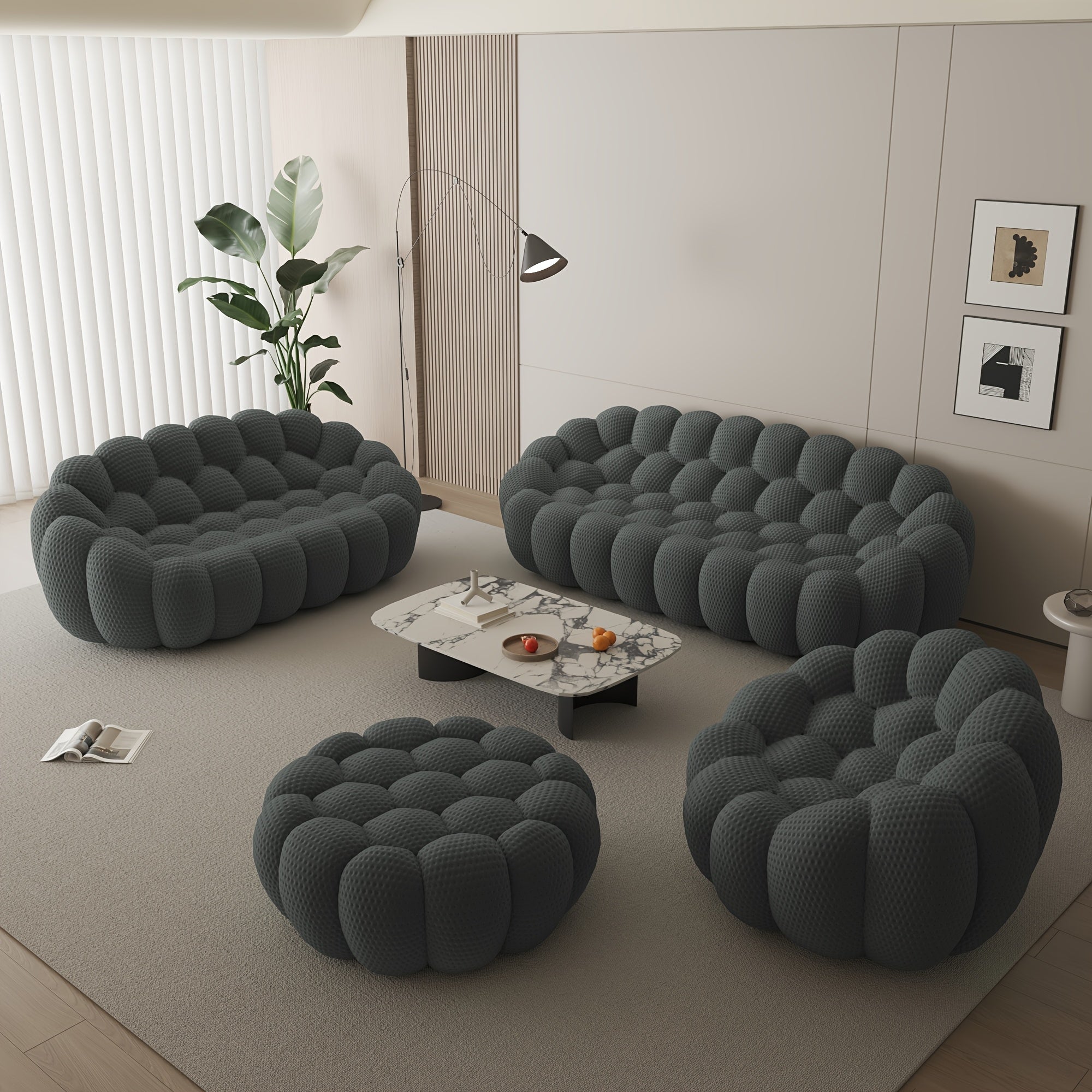Modern Curved Sofa with a Comfortable Upholstered Design, Featuring a Mesh Fabric in a 3D Honeycomb Pattern, Suitable for Living Rooms, Offices, Apartments, And Compact Areas