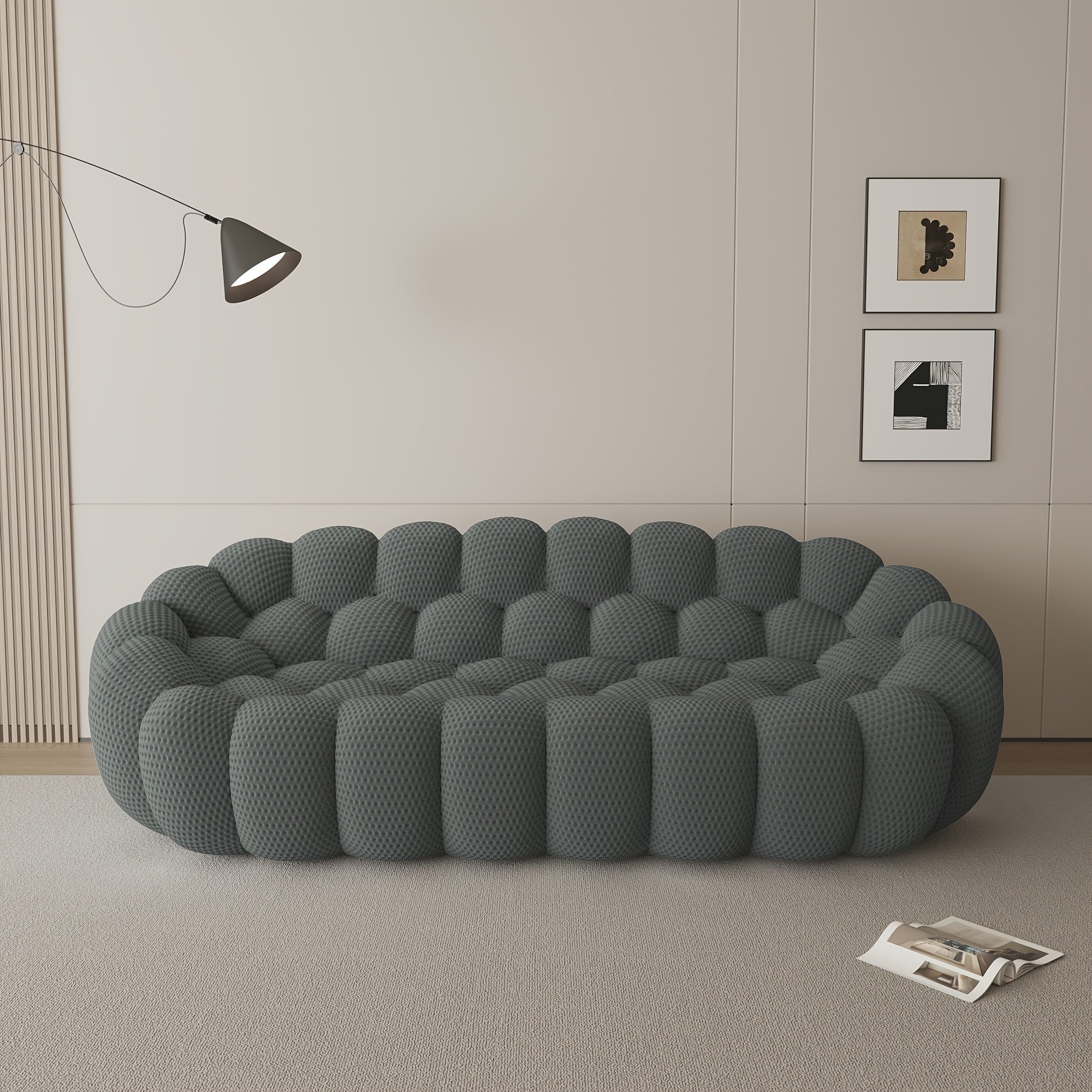 Modern Curved Sofa with a Comfortable Upholstered Design, Featuring a Mesh Fabric in a 3D Honeycomb Pattern, Suitable for Living Rooms, Offices, Apartments, And Compact Areas