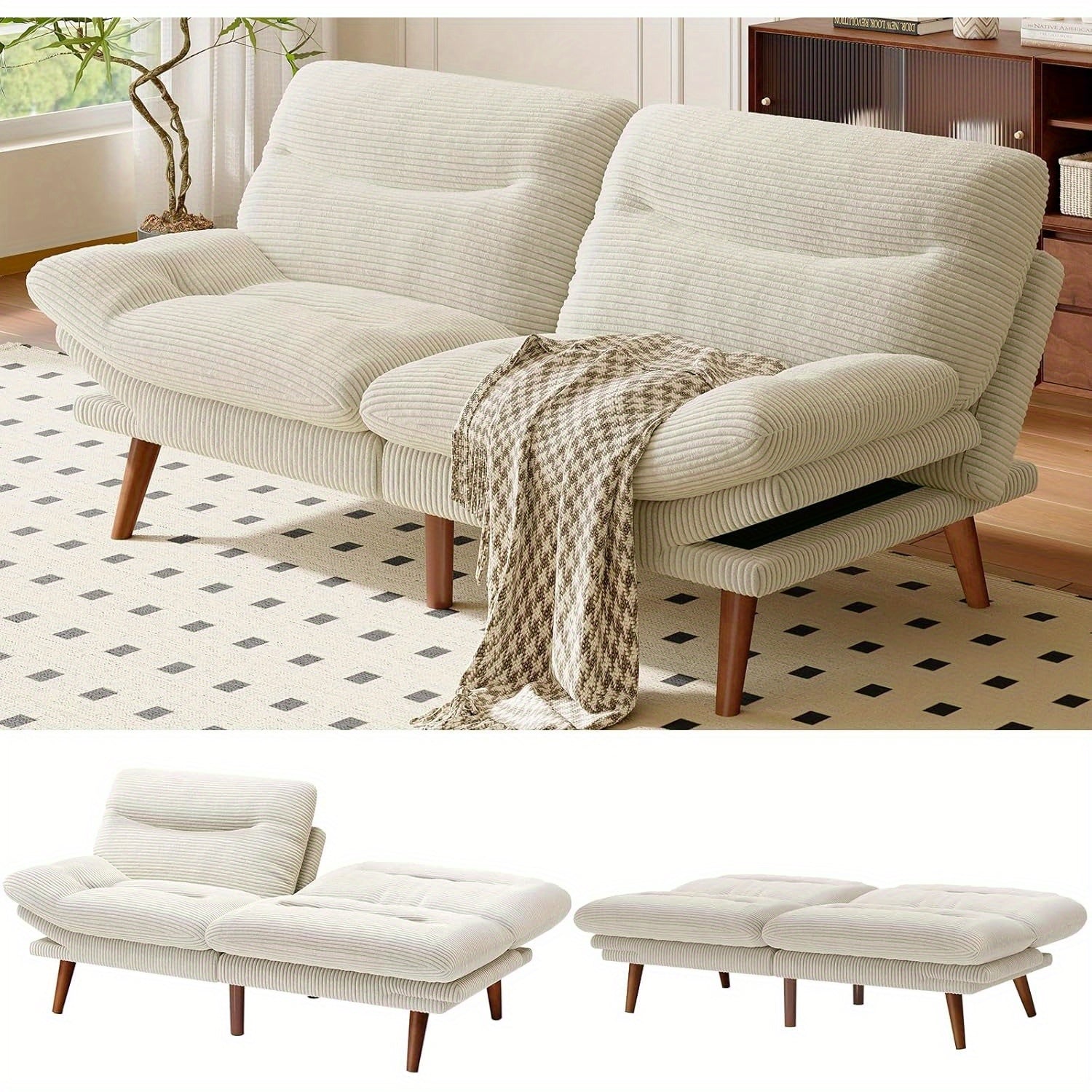 Futon Sofa Bed, 66-75 Inch Convertible Futon Sofa Couch with Adjustable Backrest Armrests, for Small Spaces Living Room or Office