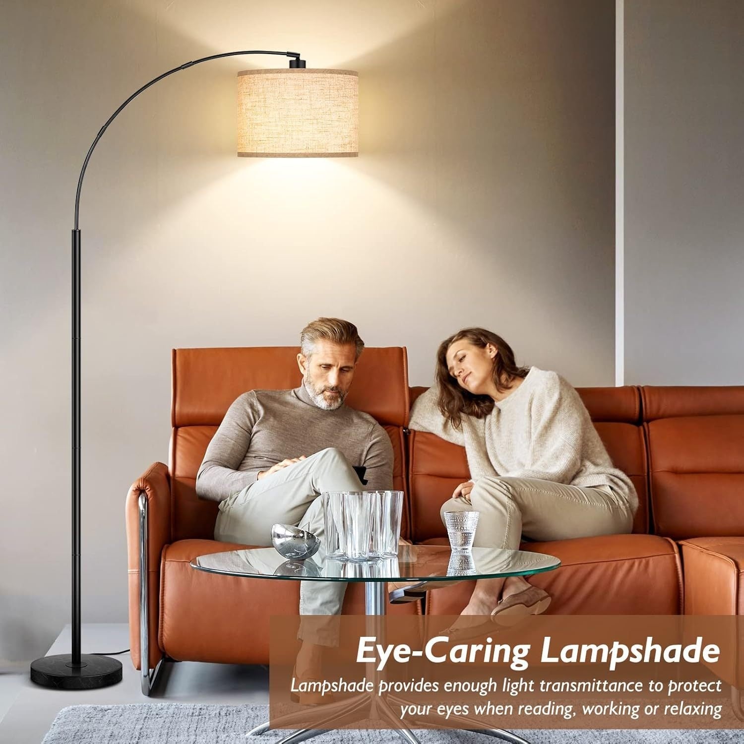 73In Modern Arc Floor Lamp for Living Room, Tall Standing Lamp with Adjustable Hanging Drum Shade, Black Pole Lamp with Weighted Base & E26 Edison Socket, Corner Floor Lighting for Bedroom, Office & Home Decor