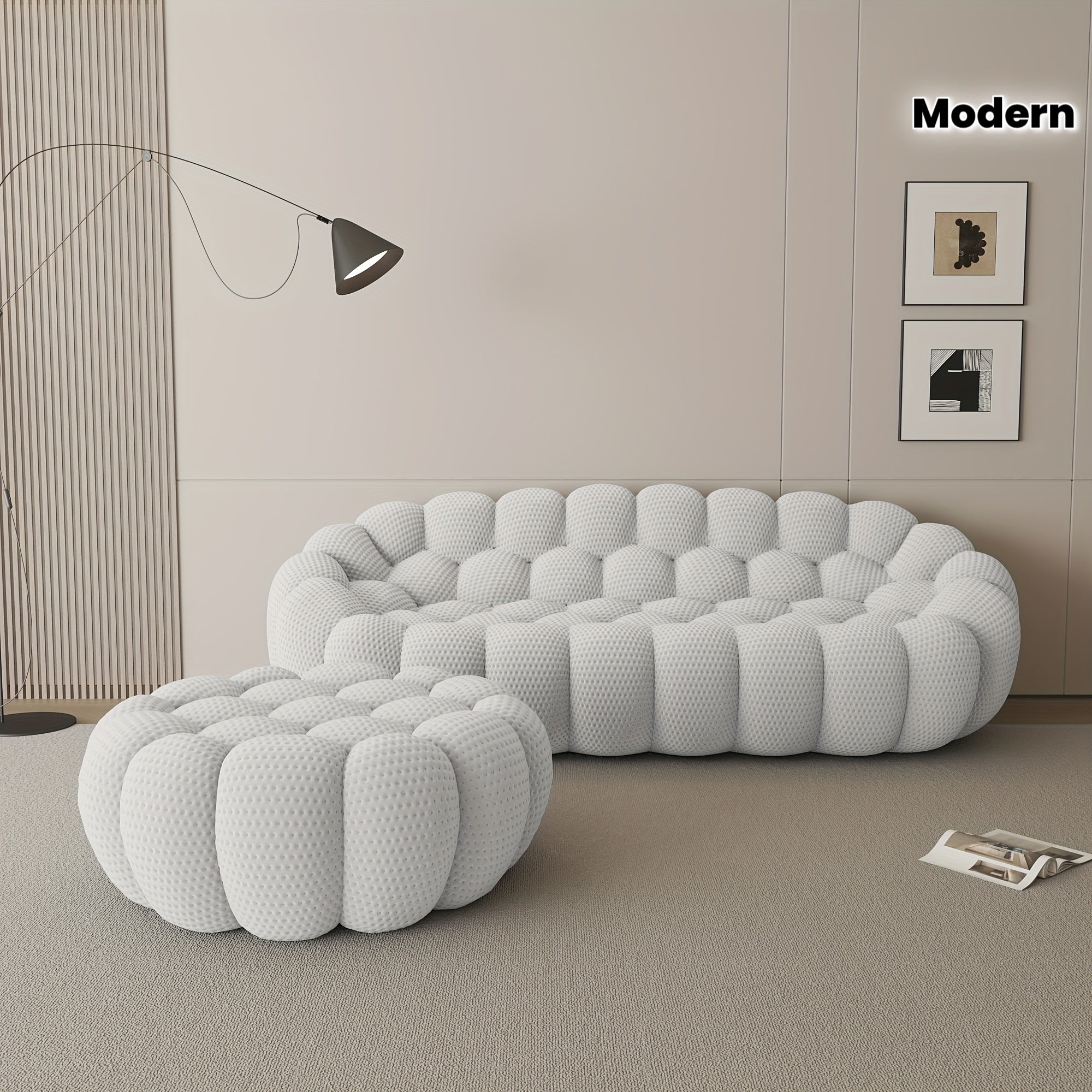 Modern Curved Sofa with a Comfortable Upholstered Design, Featuring a Mesh Fabric in a 3D Honeycomb Pattern, Suitable for Living Rooms, Offices, Apartments, And Compact Areas