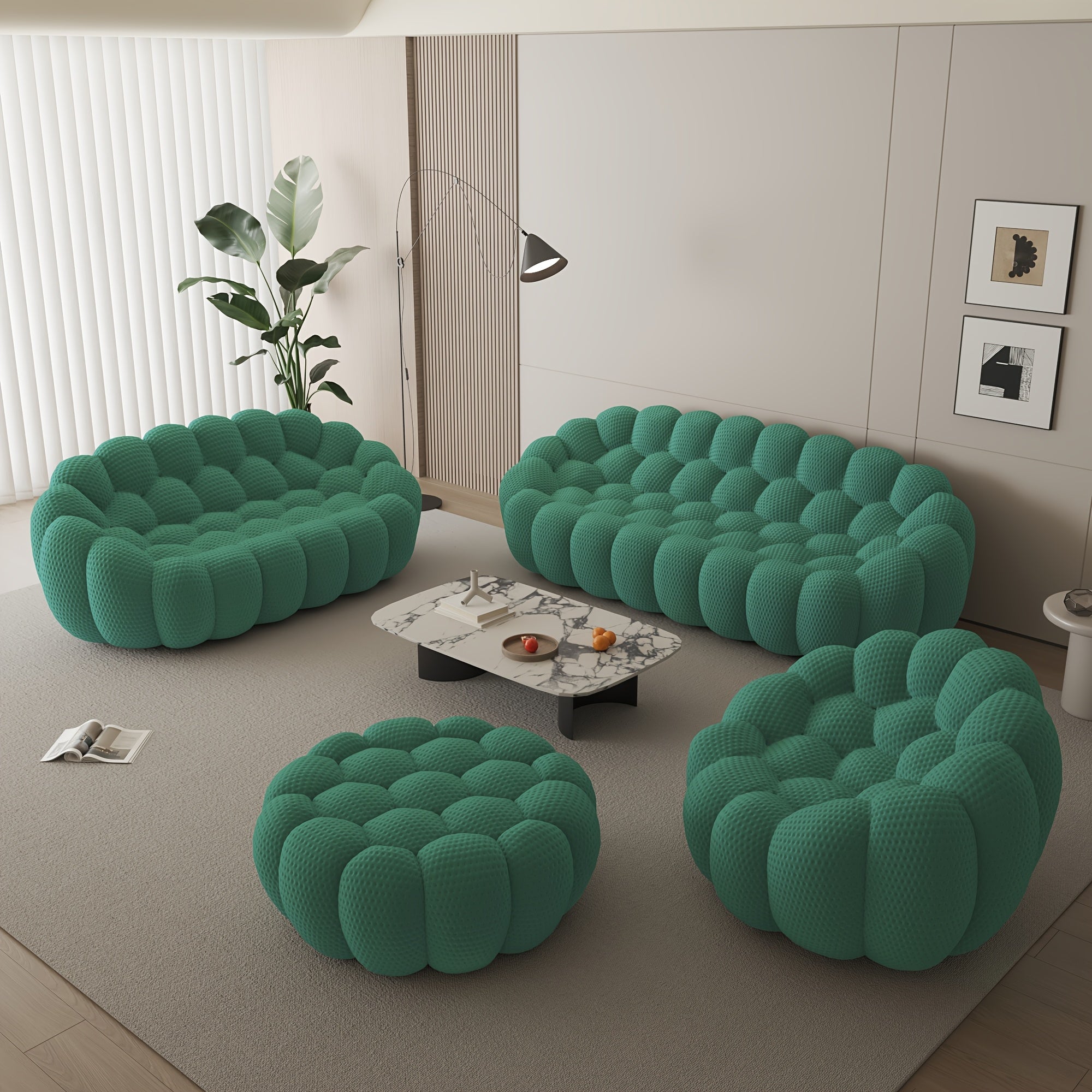 Modern Curved Sofa with a Comfortable Upholstered Design, Featuring a Mesh Fabric in a 3D Honeycomb Pattern, Suitable for Living Rooms, Offices, Apartments, And Compact Areas