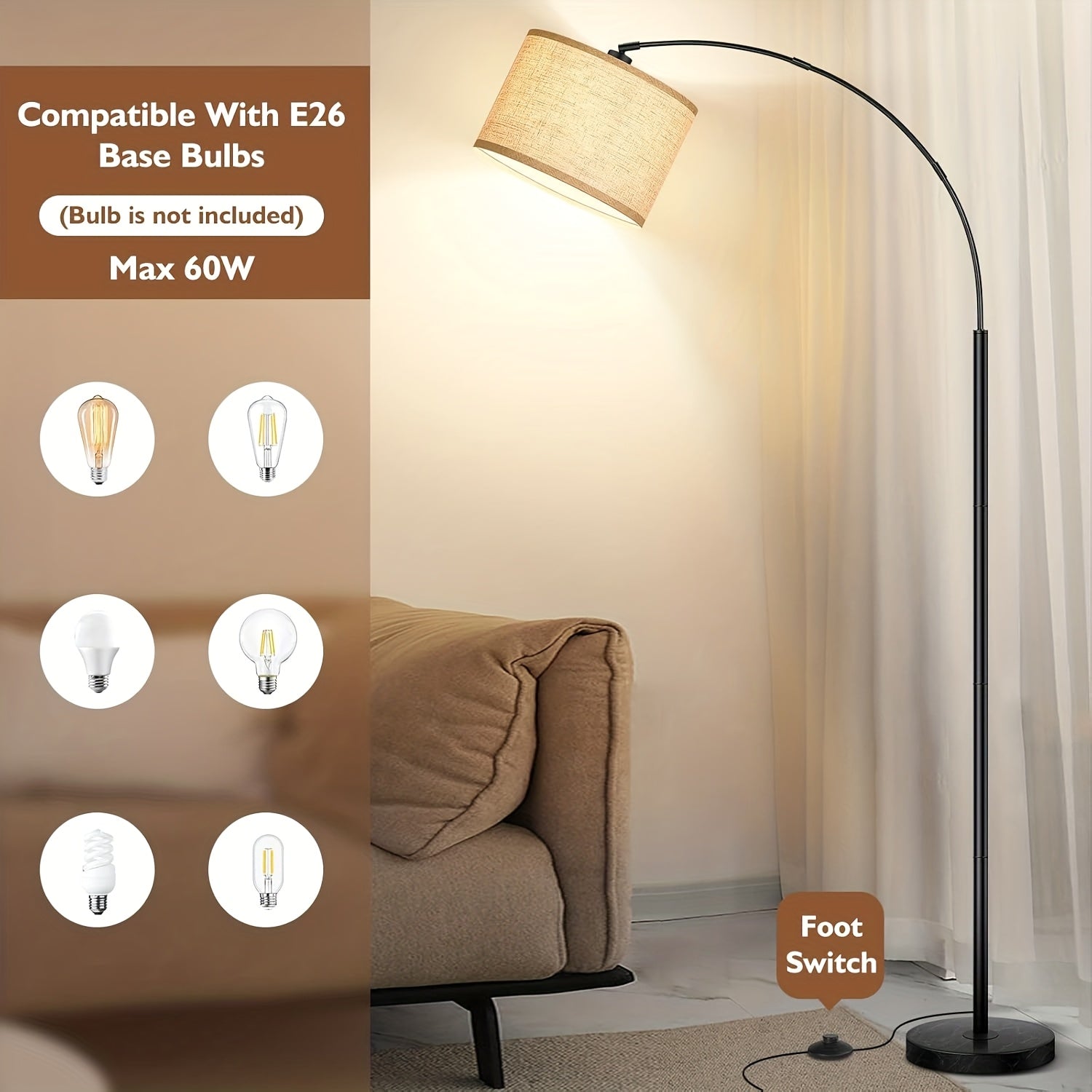 73In Modern Arc Floor Lamp for Living Room, Tall Standing Lamp with Adjustable Hanging Drum Shade, Black Pole Lamp with Weighted Base & E26 Edison Socket, Corner Floor Lighting for Bedroom, Office & Home Decor