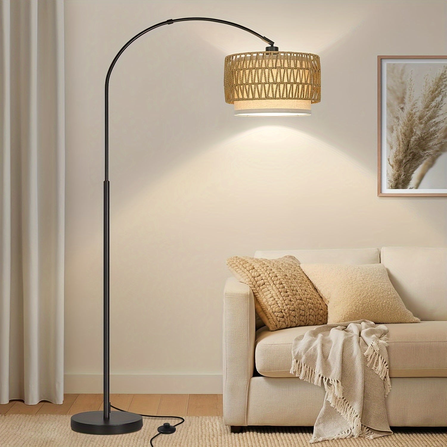 73In Modern Arc Floor Lamp for Living Room, Tall Standing Lamp with Adjustable Hanging Drum Shade, Black Pole Lamp with Weighted Base & E26 Edison Socket, Corner Floor Lighting for Bedroom, Office & Home Decor
