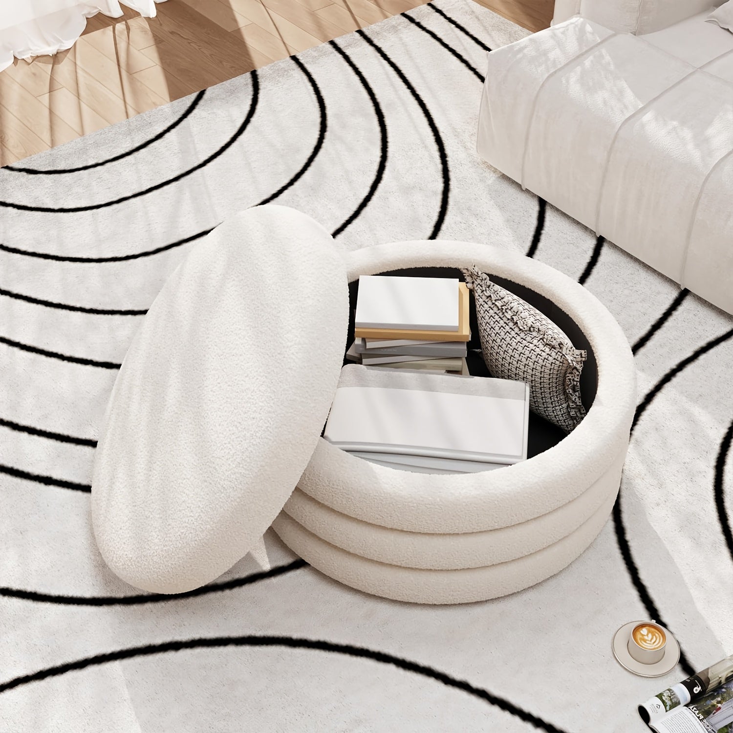 30 Inch Round Ottoman Coffee Table with Storage | Large Sherpa Storage Coffee Table Ottoman with Tray, Multi-Functional Cozy Modern Foot Rest for Couch, Living Room, Cream White, HOSEOKA