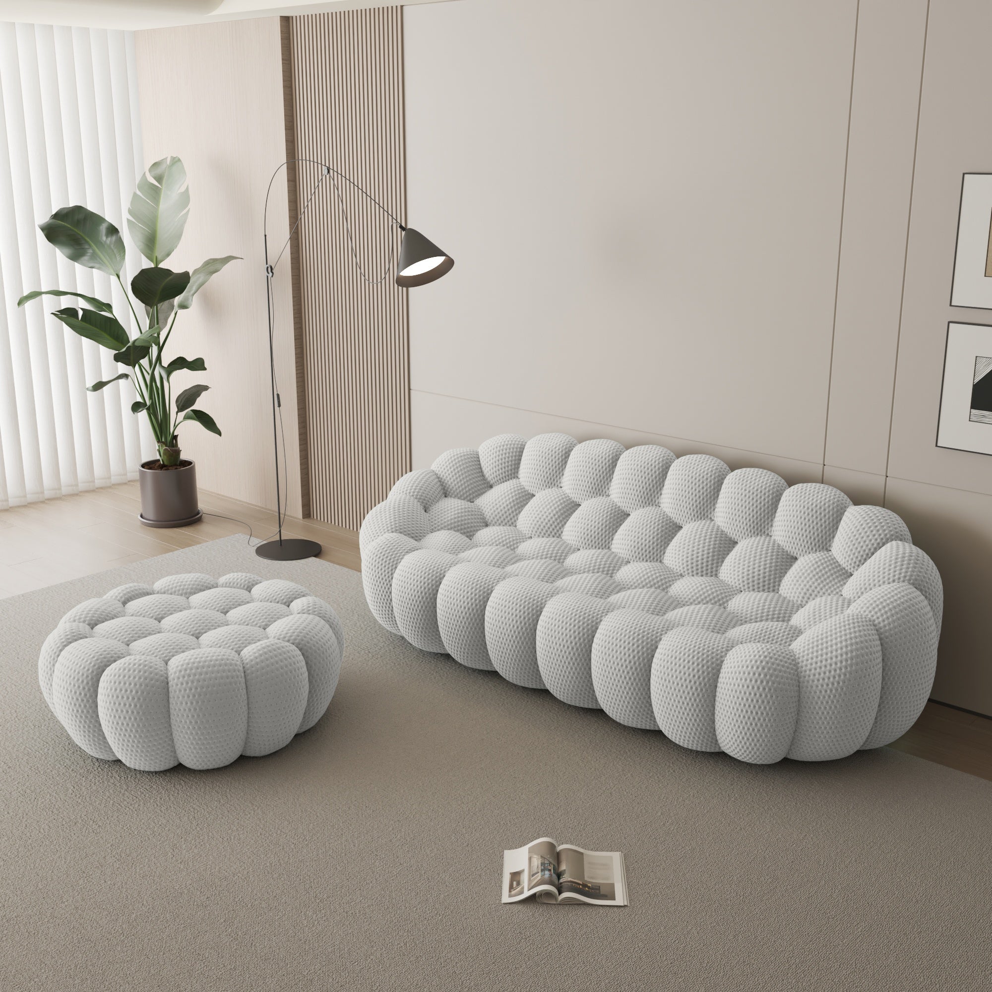 Modern Curved Sofa with a Comfortable Upholstered Design, Featuring a Mesh Fabric in a 3D Honeycomb Pattern, Suitable for Living Rooms, Offices, Apartments, And Compact Areas