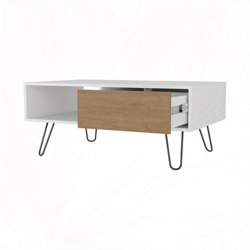 Mid-Century Modern White Coffee Table with 1 Drawer & Hairpin Legs - Retro Industrial Design, Durable Non-Wood Material, No Assembly Required for Living Room, Office, Dorm, Office Storage Solution, Minimalist Design, Notwood Material