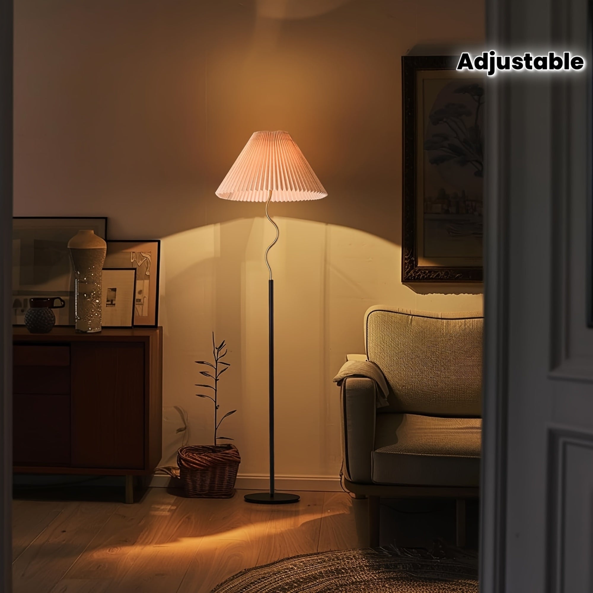 KUNJOULAM Modern Pleated Floor Lamp, Black Pole Floor Lamps, Simple Design Tall Lamp With Adjustable Beige Lampshade, Standing Lamp For Living Room, Bedroom, Office, Home
