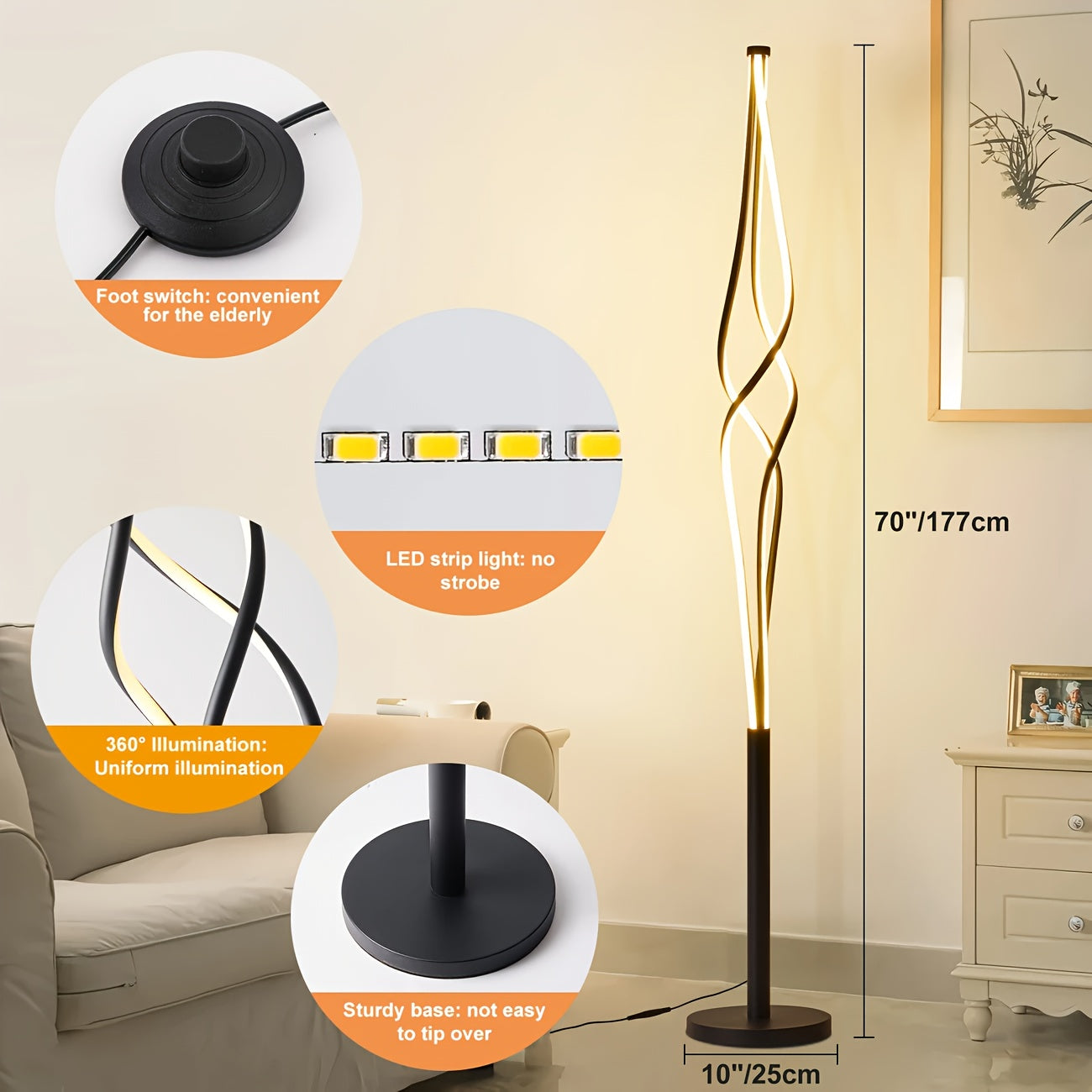 LED Spiral Floor Lamp Dimmable LED Spiral Floor Lamp with Remote & Foot Switch | 60\u002F70\