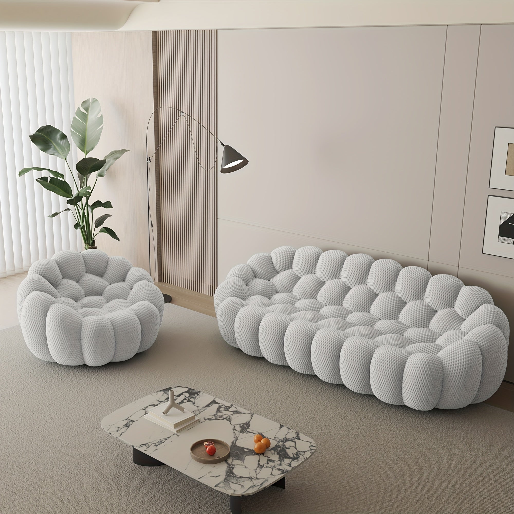 Modern Curved Sofa with a Comfortable Upholstered Design, Featuring a Mesh Fabric in a 3D Honeycomb Pattern, Suitable for Living Rooms, Offices, Apartments, And Compact Areas