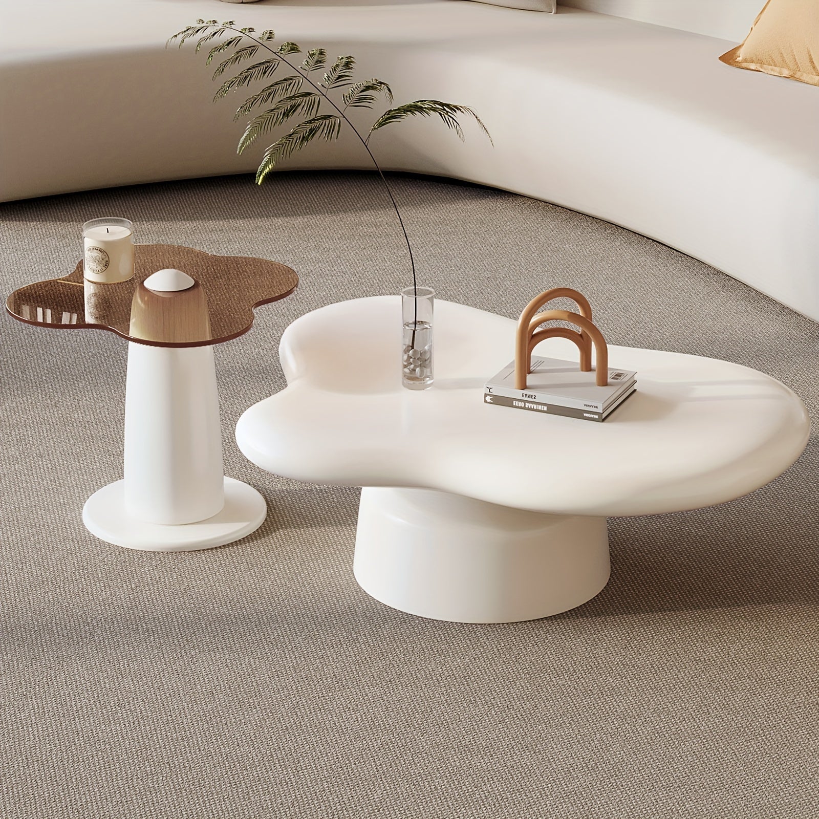 Cloud Coffee Table Set Of 2 - White Cream Modern 2-in-1 Irregular Side Tables, Compact Cloud-Shaped End Tables for Living Room, Bedroom & Office (Small Size, Space-Saving)