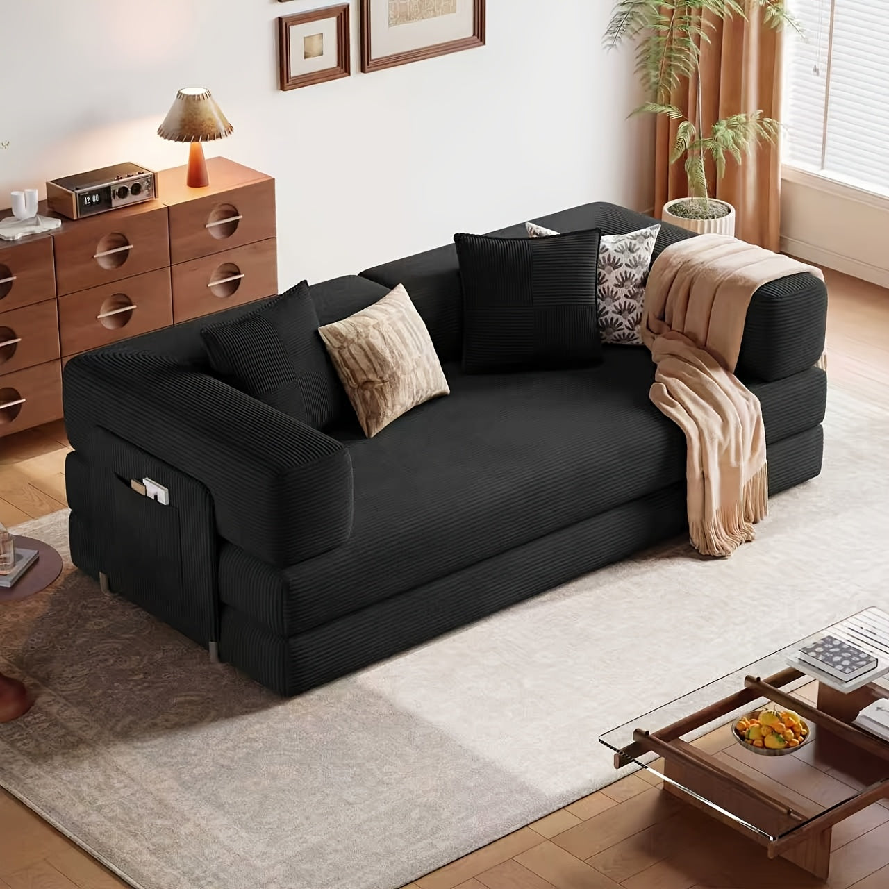 Convertible Sofa Bed - Foldable Floor Couch with Teddy Foam And Corduroy - Modular Sectional for Living Room, Bedroom, Studio - Compressible Sofa in Box