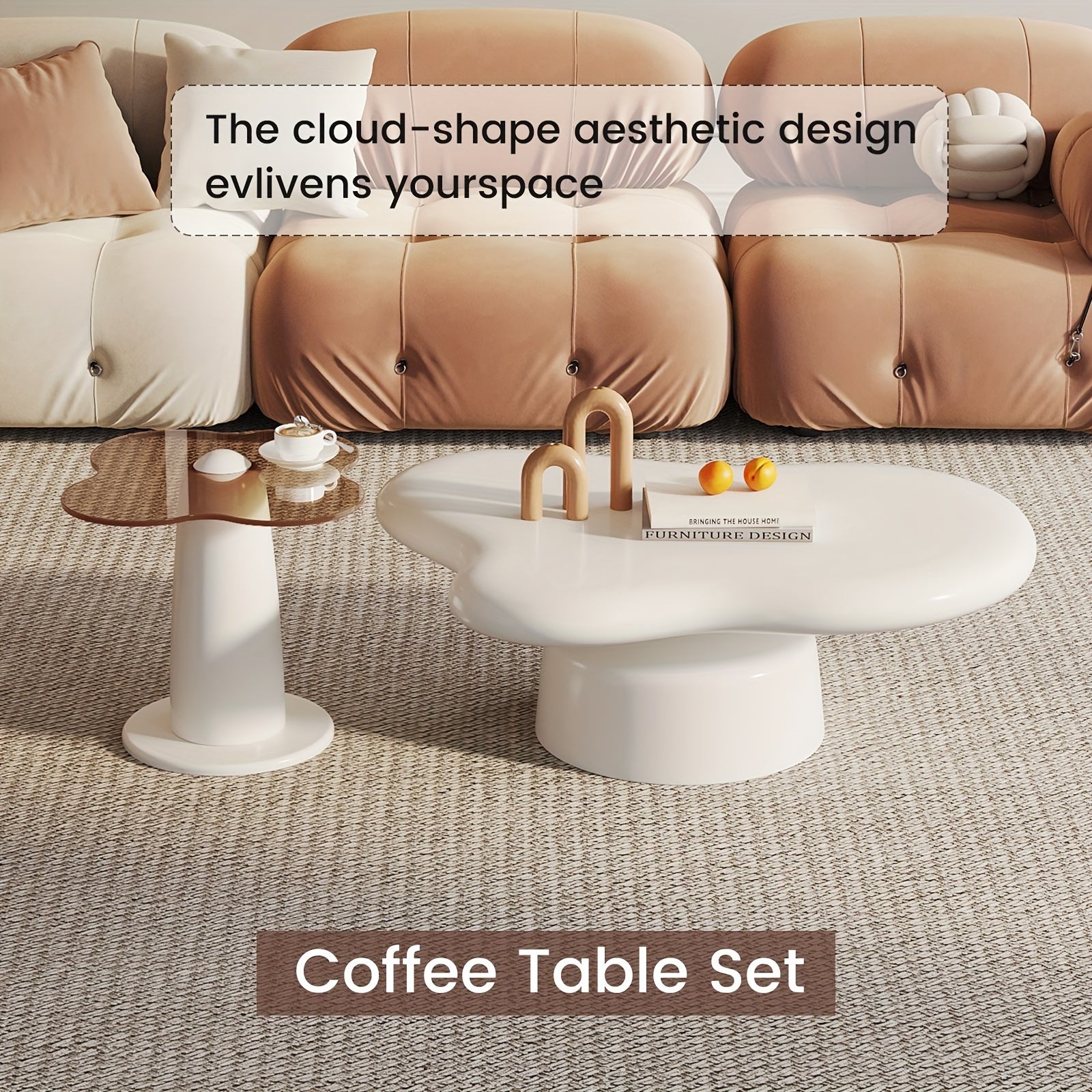 Cloud Coffee Table Set Of 2 - White Cream Modern 2-in-1 Irregular Side Tables, Compact Cloud-Shaped End Tables for Living Room, Bedroom & Office (Small Size, Space-Saving)